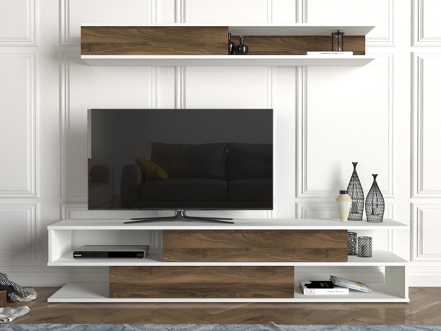 Entdecken Sie das skandinavische TV-Möbel Manyetik in Weiß und Walnuss von Hanah Home. Stilvolles Design, langlebige Materialien und optimaler Stauraum für Ihr Wohnzimmer.