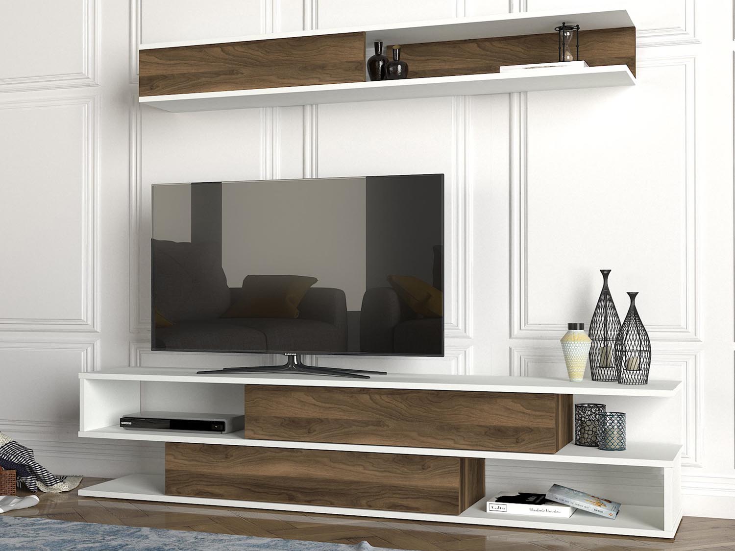 Verleihen Sie Ihrem Wohnzimmer mit dem Manyetik TV-Möbel von Hanah Home in Weiß und Walnuss einen modernen skandinavischen Touch. Hochwertige Materialien und elegantes Design.