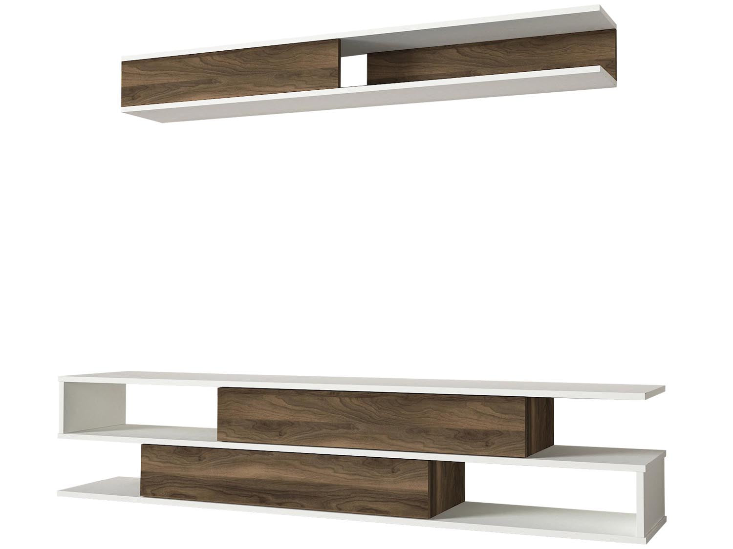 Entdecken Sie das Manyetik TV-Möbel von Hanah Home in elegantem Weiß und Walnuss. Perfekt für stilvolle Wohnräume und optimalen Stauraum.