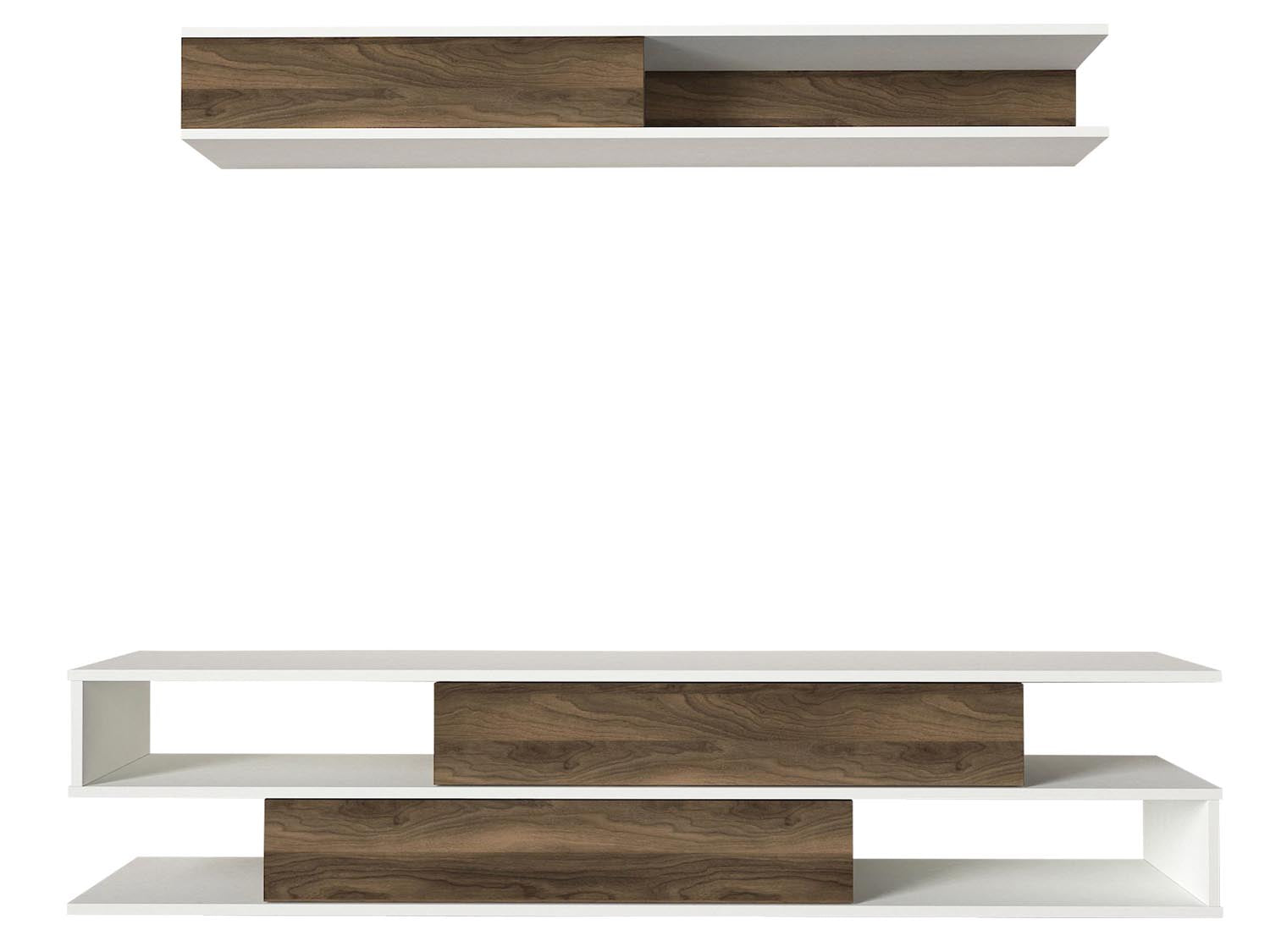 Verleihen Sie Ihrem Wohnzimmer mit dem Manyetik TV-Möbel von Hanah Home in Weiß und Walnuss einen modernen Touch. Ideal für Ordnung und Stil.