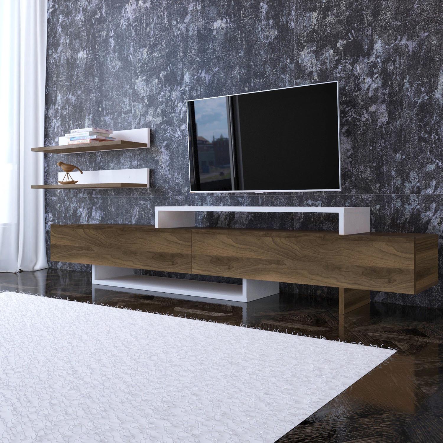 Gestalten Sie Ihr Wohnzimmer stilvoll mit dem Nirvana TV-Möbel in Weiß und Teak von Hanah Home – eine perfekte Kombination aus Eleganz und Funktionalität.