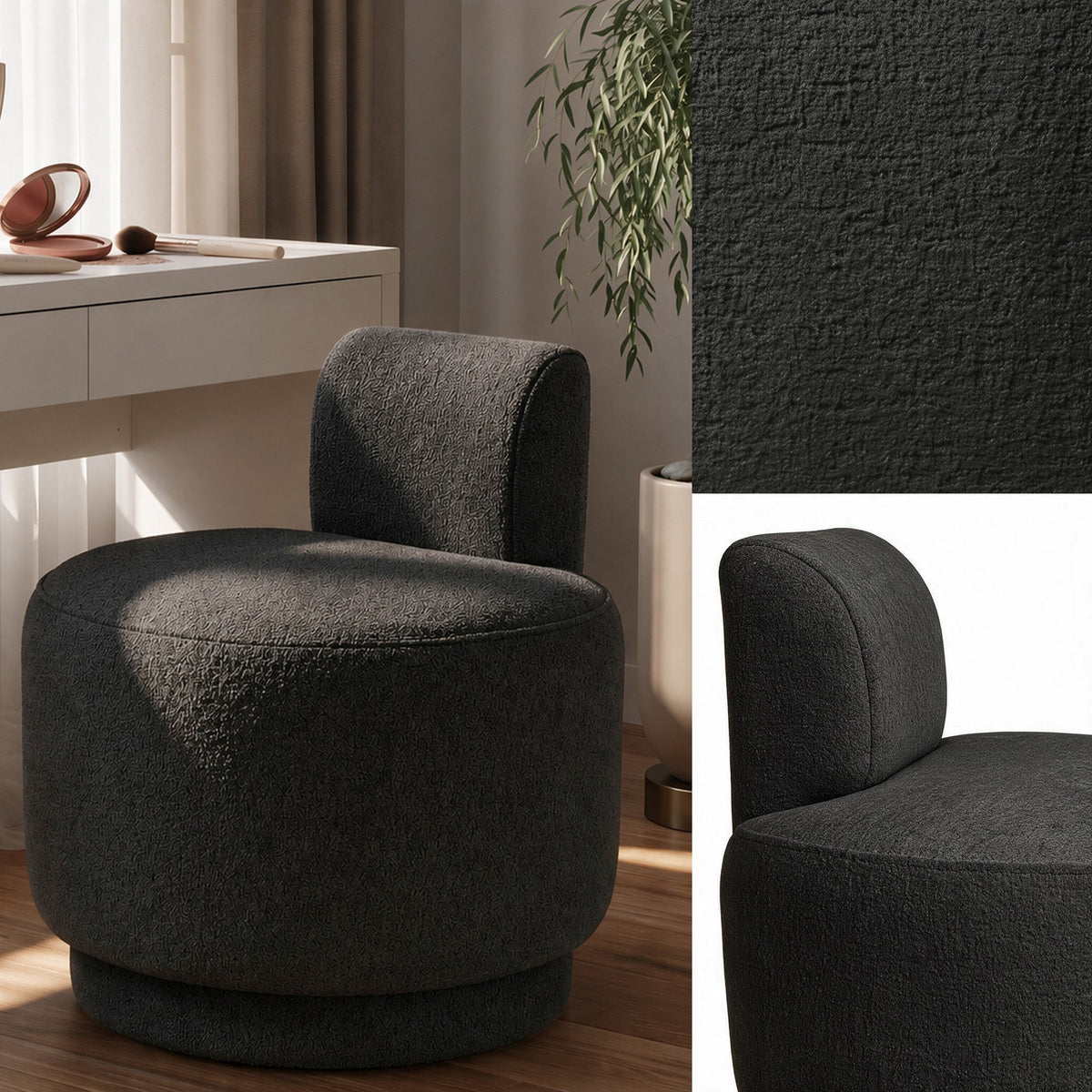 Dunkelgrauer Ohrensessel Guess von Hanah Home mit strukturiertem Bouclé-Stoffbezug, geschwungener Rückenlehne und Holzgestell, freigestellte Studioaufnahme.