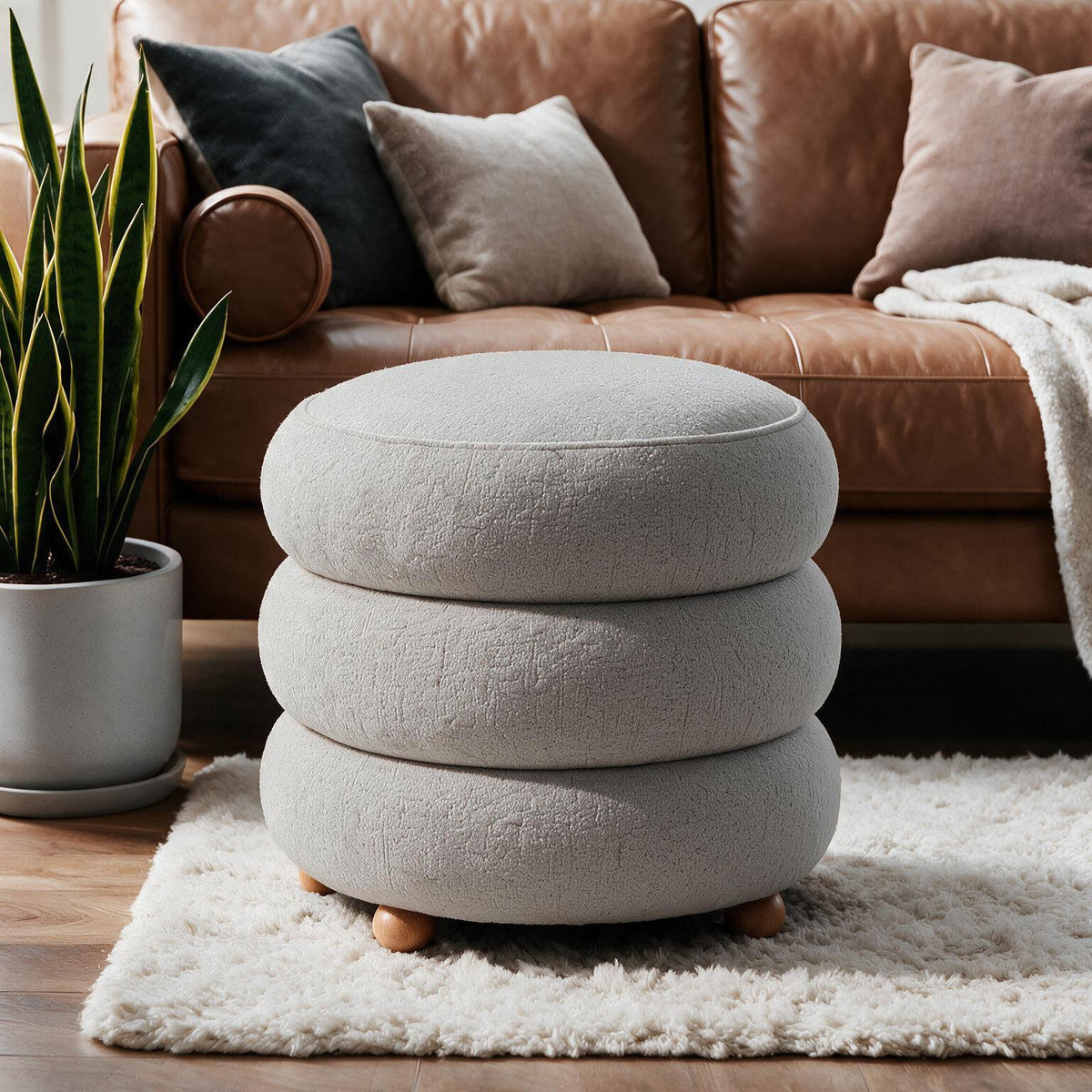 Hellgrauer Ottavia Pouf von Hanah Home mit gestricktem Polyesterbezug, gepolsterter Sitzfläche und Kugelfüssen aus Holz in kompakter Kubusform.