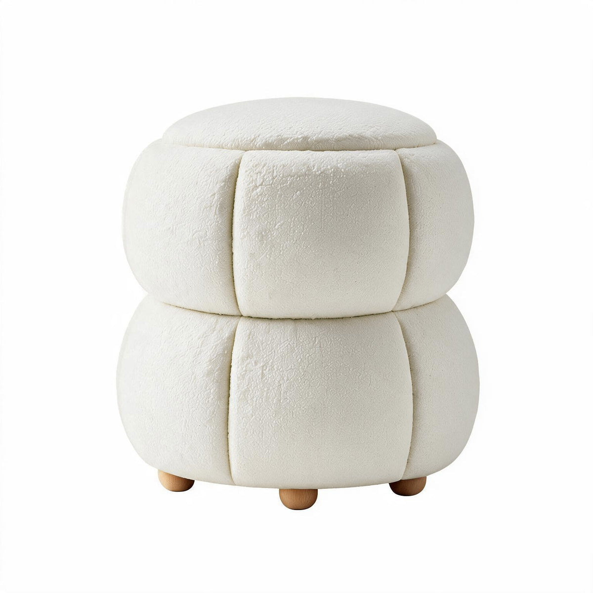 Off-White Pouf mit gestricktem Polyesterbezug, Holzkugelfüssen und Schaumstoffpolsterung, quadratische Form, 45x45x46 cm.