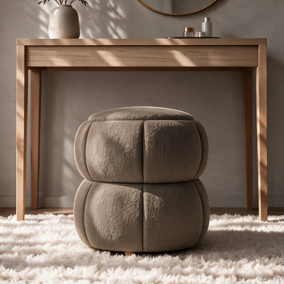 Runder Pouf in Mokka mit gestricktem Polyesterbezug, Holzkugelfüssen und gepolsterter Sitzfläche, Masse 45x45x46 cm.