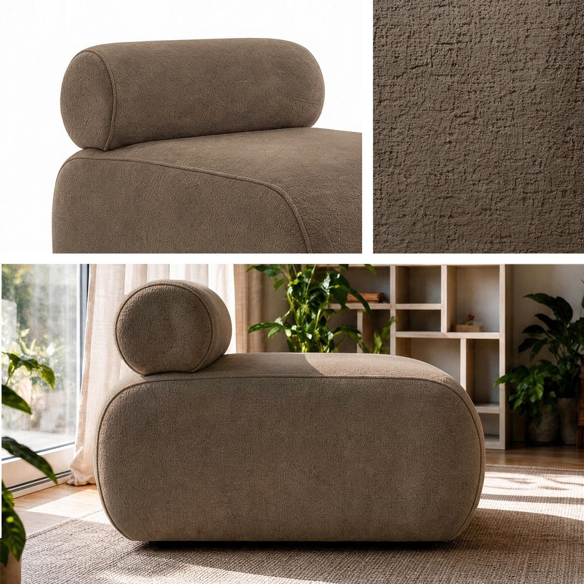 Cosmo Ohrensessel in Mokka von Hanah Home, Wing Chair mit gestricktem Polyesterstoff, Kunststoffbeinen und gepolsterter Rückenlehne.
