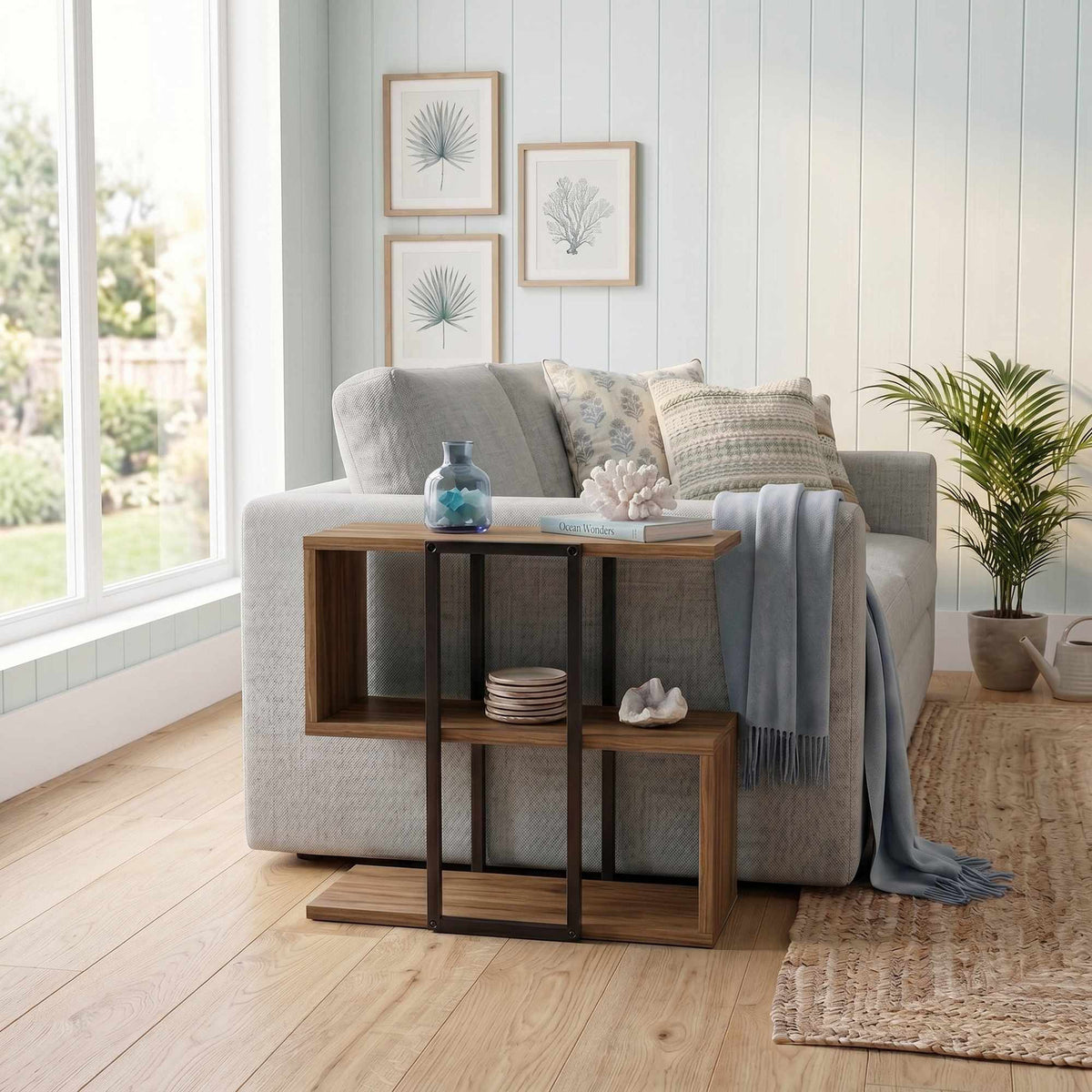 Beistelltisch Homia in Deep Oud von Hanah Home mit melaminbeschichteter Spanplatte, zwei Böden und schlanken Eisenbeinen, Frontalansicht.