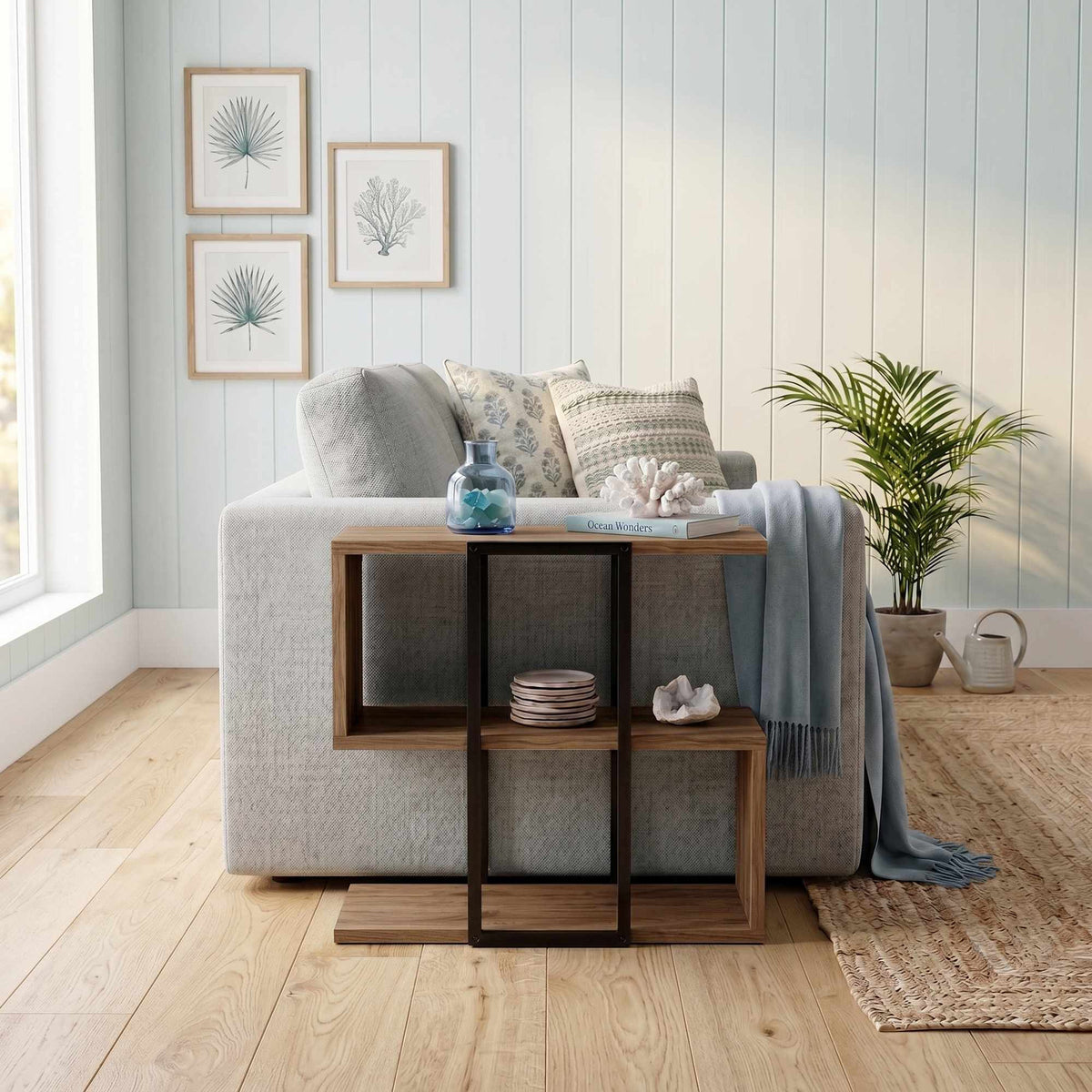 Beistelltisch Homia in Deep Oud von Hanah Home mit melaminbeschichteter Spanplatte, zwei Böden und schlanken Eisenbeinen, Frontalansicht.