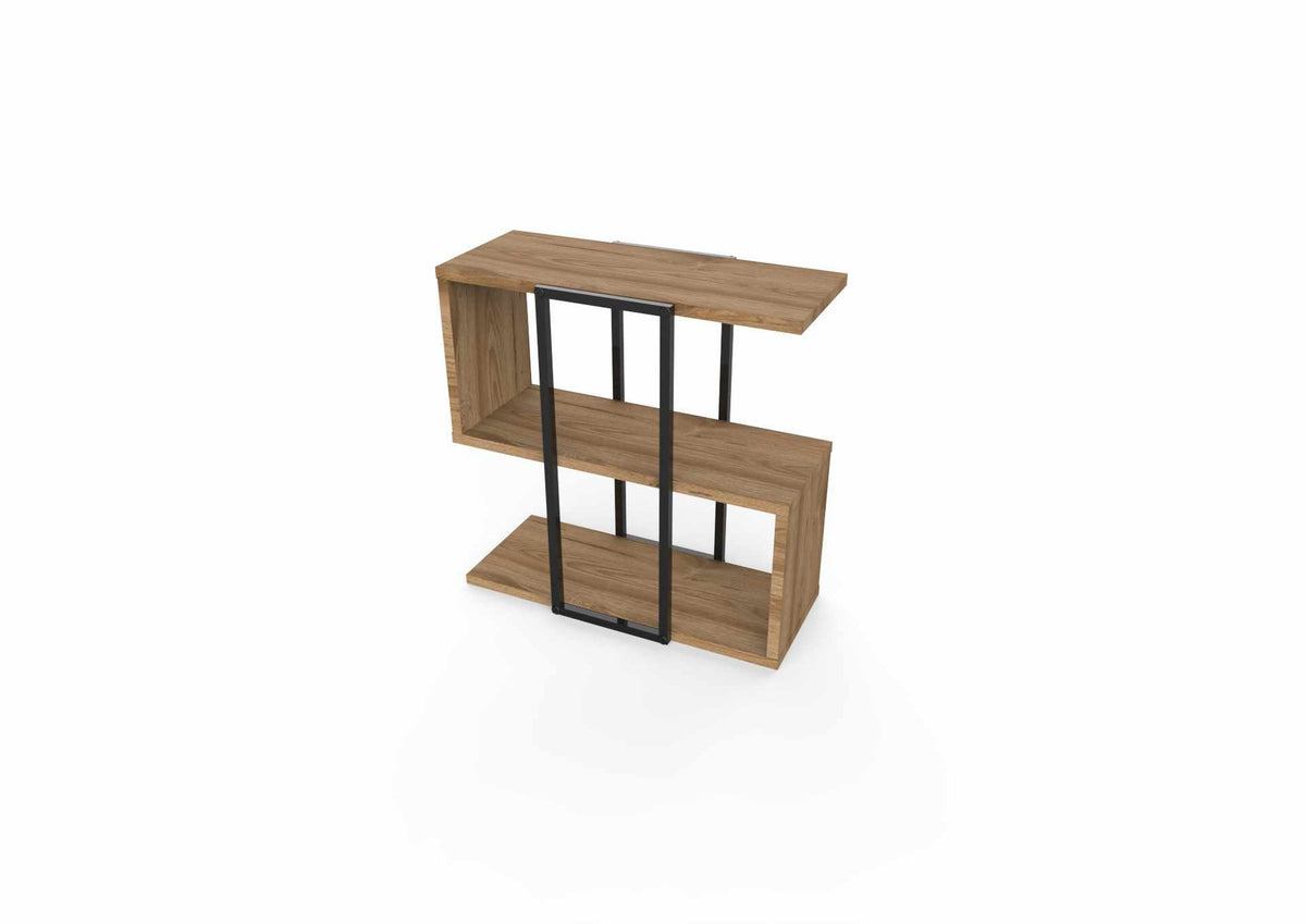 Beistelltisch Homia in Deep Oud von Hanah Home mit melaminbeschichteter Spanplatte, zwei Böden und schlanken Eisenbeinen, Frontalansicht.