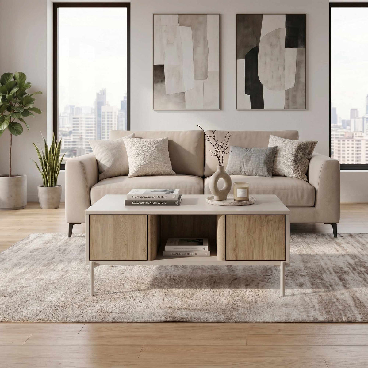 Couchtisch Ventro in Sandstein von Hanah Home mit Spanplatten-Korpus, Eisenbeinen, zwei Böden und Schubladen mit Soft-Close-Funktion.