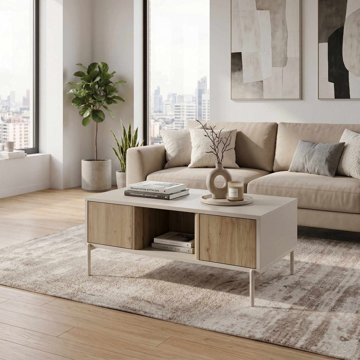 Couchtisch Ventro in Sandstein von Hanah Home mit Spanplatten-Korpus, Eisenbeinen, zwei Böden und Schubladen mit Soft-Close-Funktion.