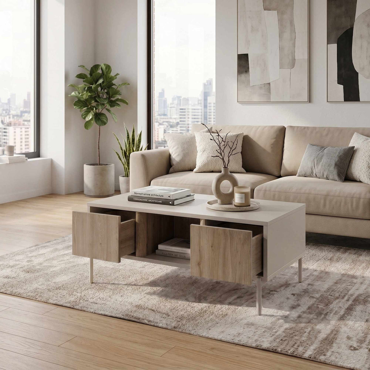 Couchtisch Ventro in Sandstein von Hanah Home mit Spanplatten-Korpus, Eisenbeinen, zwei Böden und Schubladen mit Soft-Close-Funktion.
