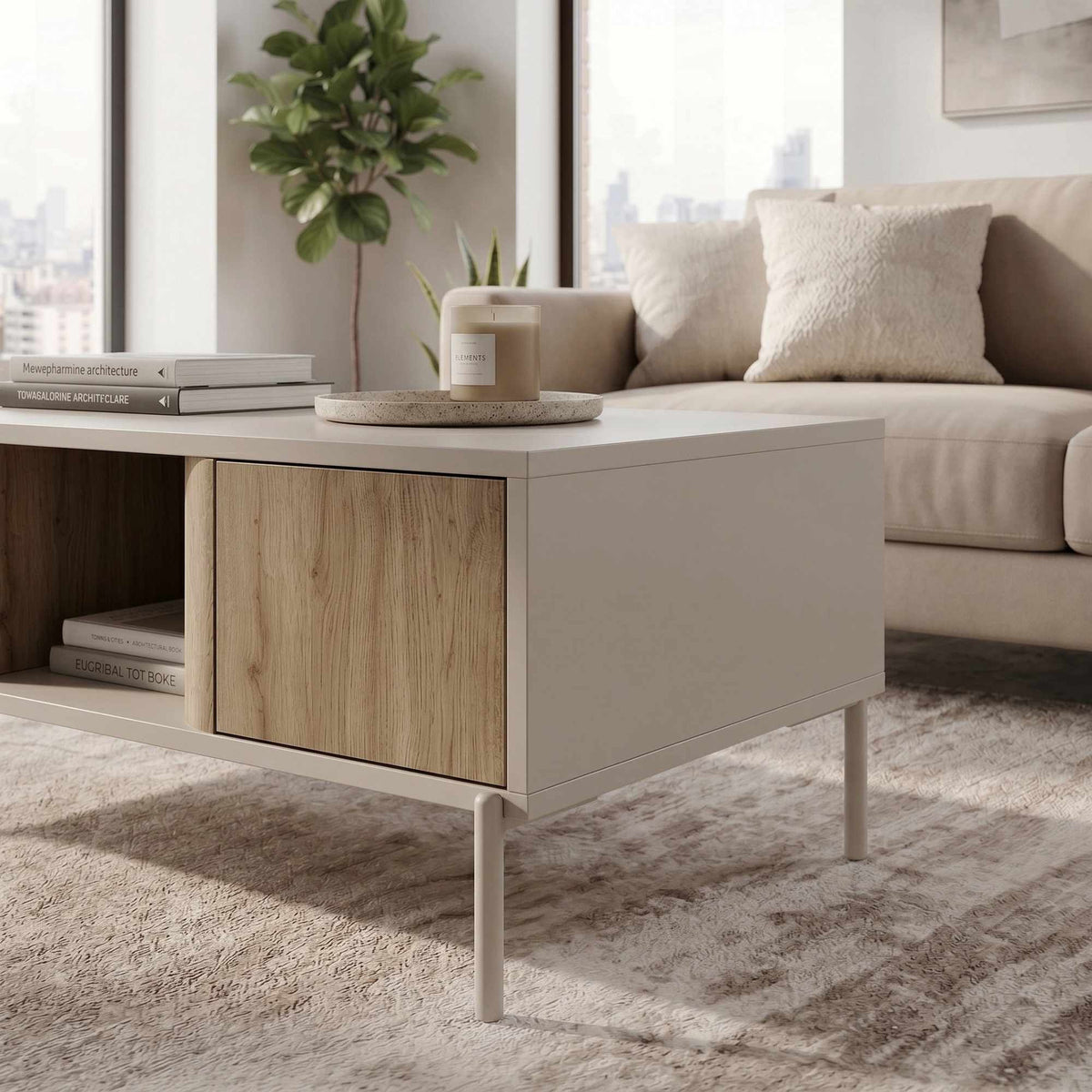 Couchtisch Ventro in Sandstein von Hanah Home mit Spanplatten-Korpus, Eisenbeinen, zwei Böden und Schubladen mit Soft-Close-Funktion.