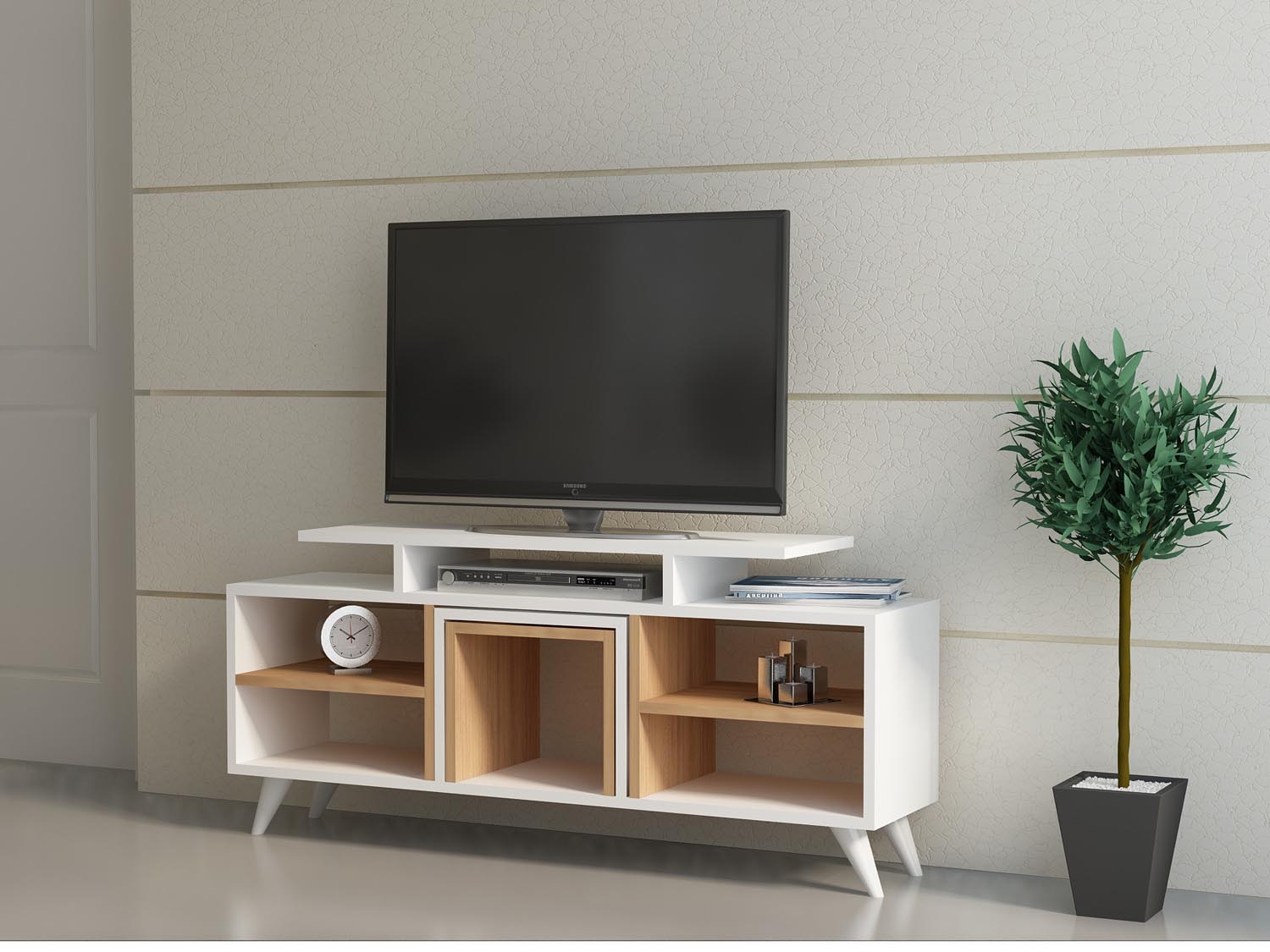 Entdecken Sie das stilvolle Kutay TV-Möbel in Weiß und Teak von Hanah Home. Elegantes Design, hoher Stauraum und langlebige Qualität für Ihr Zuhause.