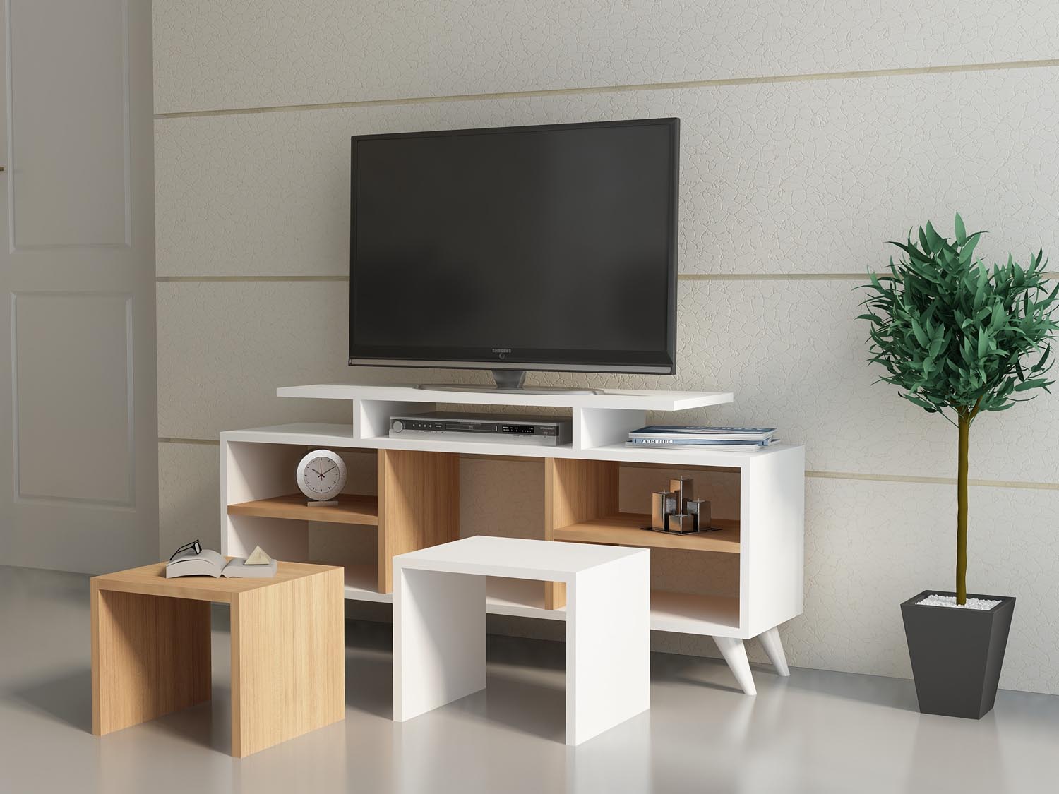 Gestalten Sie Ihr Zuhause mit dem eleganten Kutay TV-Möbel in Weiß und Teak von Hanah Home. Modernes Design, viel Stauraum und hohe Langlebigkeit.