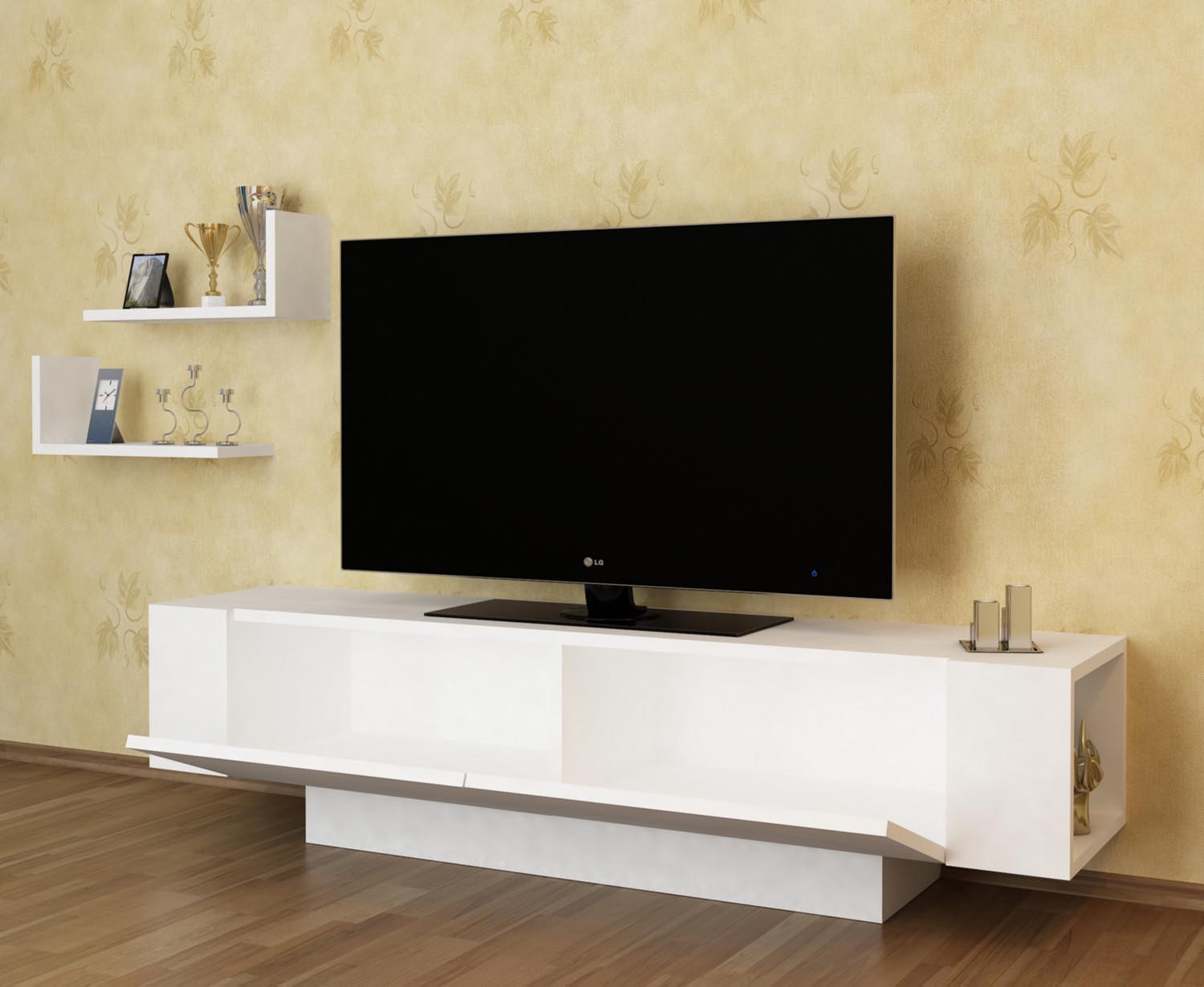 Verleihen Sie Ihrem Wohnzimmer mit dem eleganten Ekol TV-Möbel in Weiß von Hanah Home einen modernen Touch. Hochwertige Materialien und durchdachtes Design bieten optimalen Stauraum.