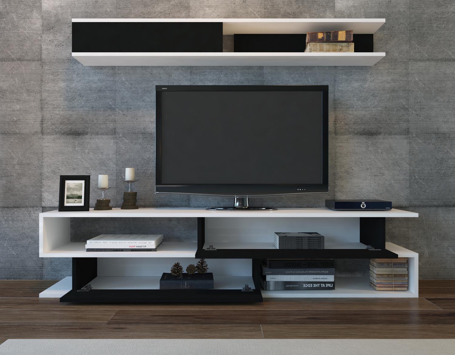 Verleihen Sie Ihrem Wohnraum mit dem eleganten Sims TV-Möbel in Weiß-Schwarz von Hanah Home einen modernen Akzent. Funktionalität und Stil vereint!