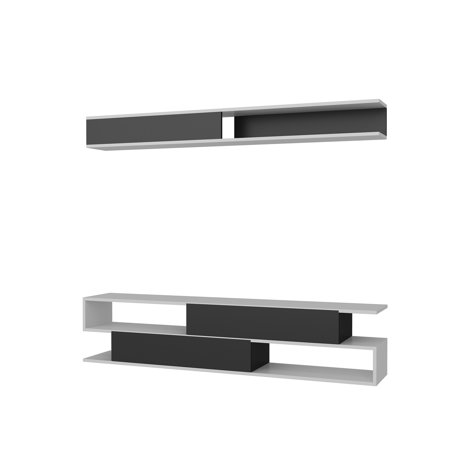 Verleihen Sie Ihrem Wohnraum mit dem modernen Sims TV-Möbel in Weiß-Schwarz von Hanah Home einen Hauch skandinavischer Eleganz und praktischen Stauraum.