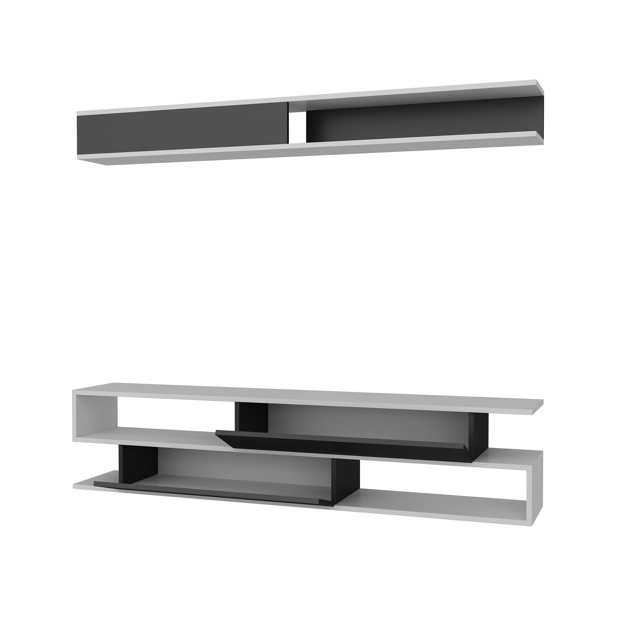 Gestalten Sie Ihr Wohnzimmer stilvoll mit dem Sims TV-Möbel in Weiß-Schwarz von Hanah Home – modern, funktional und elegant.