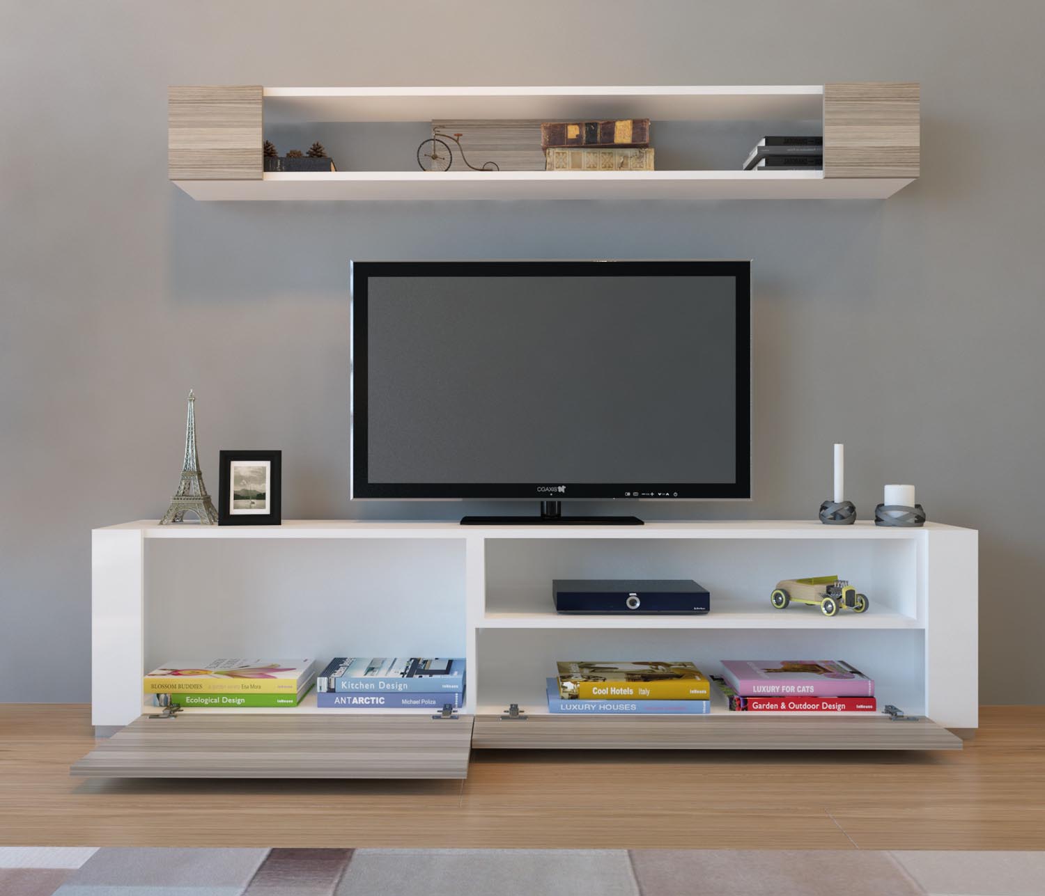 Verleihen Sie Ihrem Wohnzimmer mit dem eleganten Arya TV-Möbel in Weiß von Hanah Home einen modernen Touch. Hochwertige Materialien und durchdachtes Design bieten optimalen Stauraum!