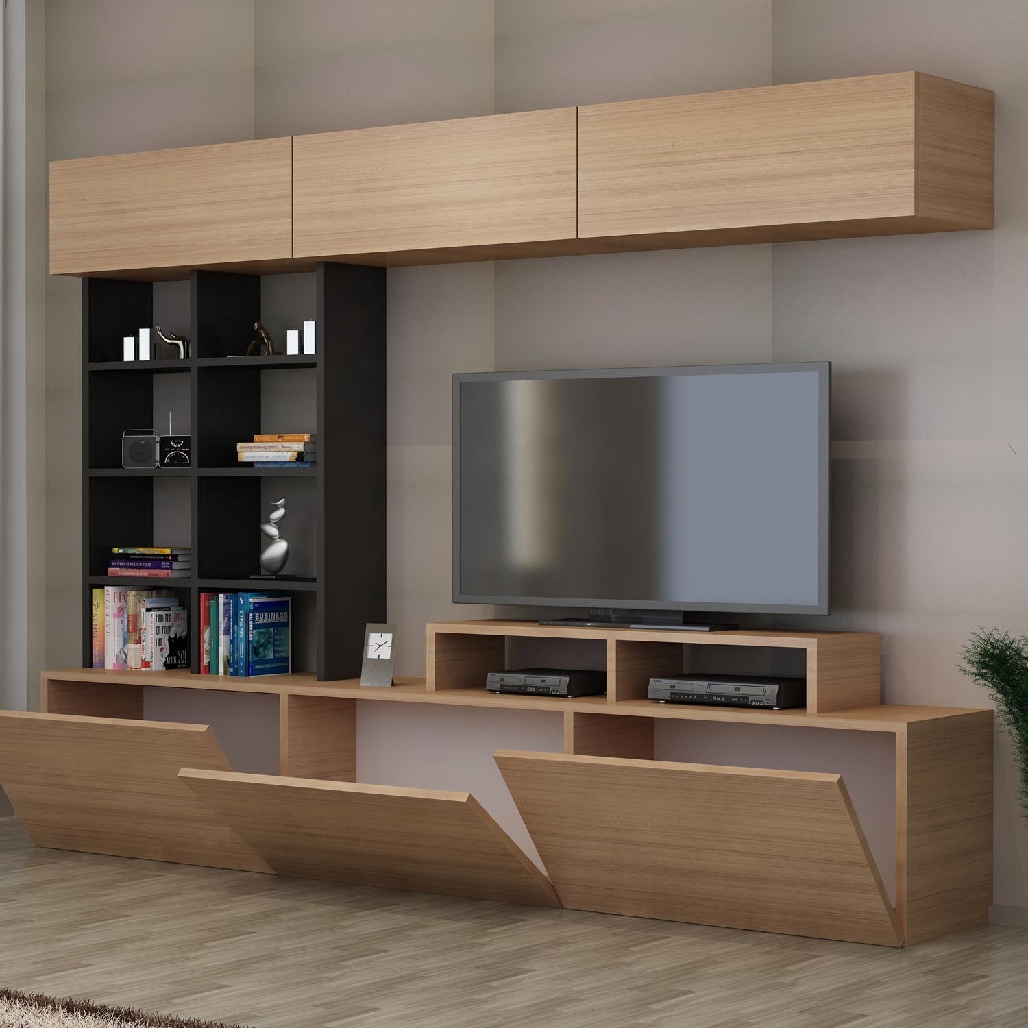 Verleihen Sie Ihrem Wohnzimmer mit dem eleganten TV-Möbel Sasa in Teak Schwarz von Hanah Home einen modernen Akzent. Funktionalität trifft auf stilvolles Design.