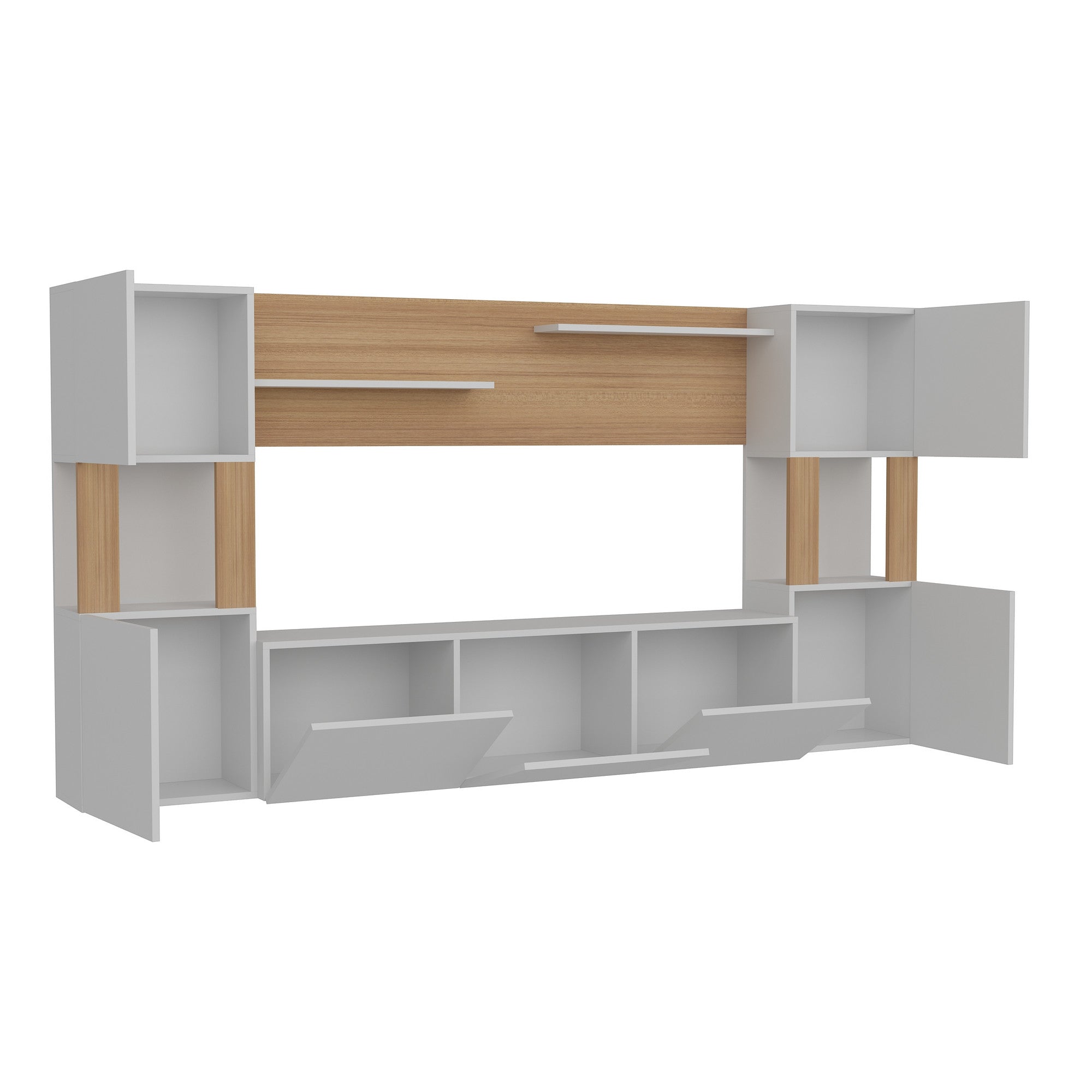 Verleihen Sie Ihrem Wohnzimmer mit dem stilvollen Lore TV-Möbel in Weiß und Teak von Hanah Home einen Hauch von Eleganz und praktischen Stauraum!