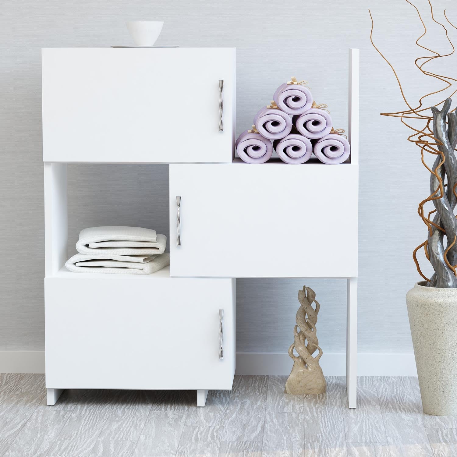 Gestalten Sie Ihr Zuhause neu mit dem vielseitigen Anna Cabinet in Weiß von Hanah Home. Perfekte Lösung für stilvolle und praktische Aufbewahrung.