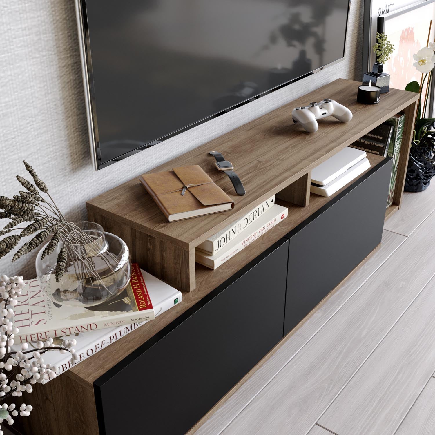 Gestalten Sie Ihr Zuhause mit dem eleganten Nexera Sideboard in Walnuss Schwarz von Hanah Home. Perfekte Kombination aus Stil und Funktionalität.