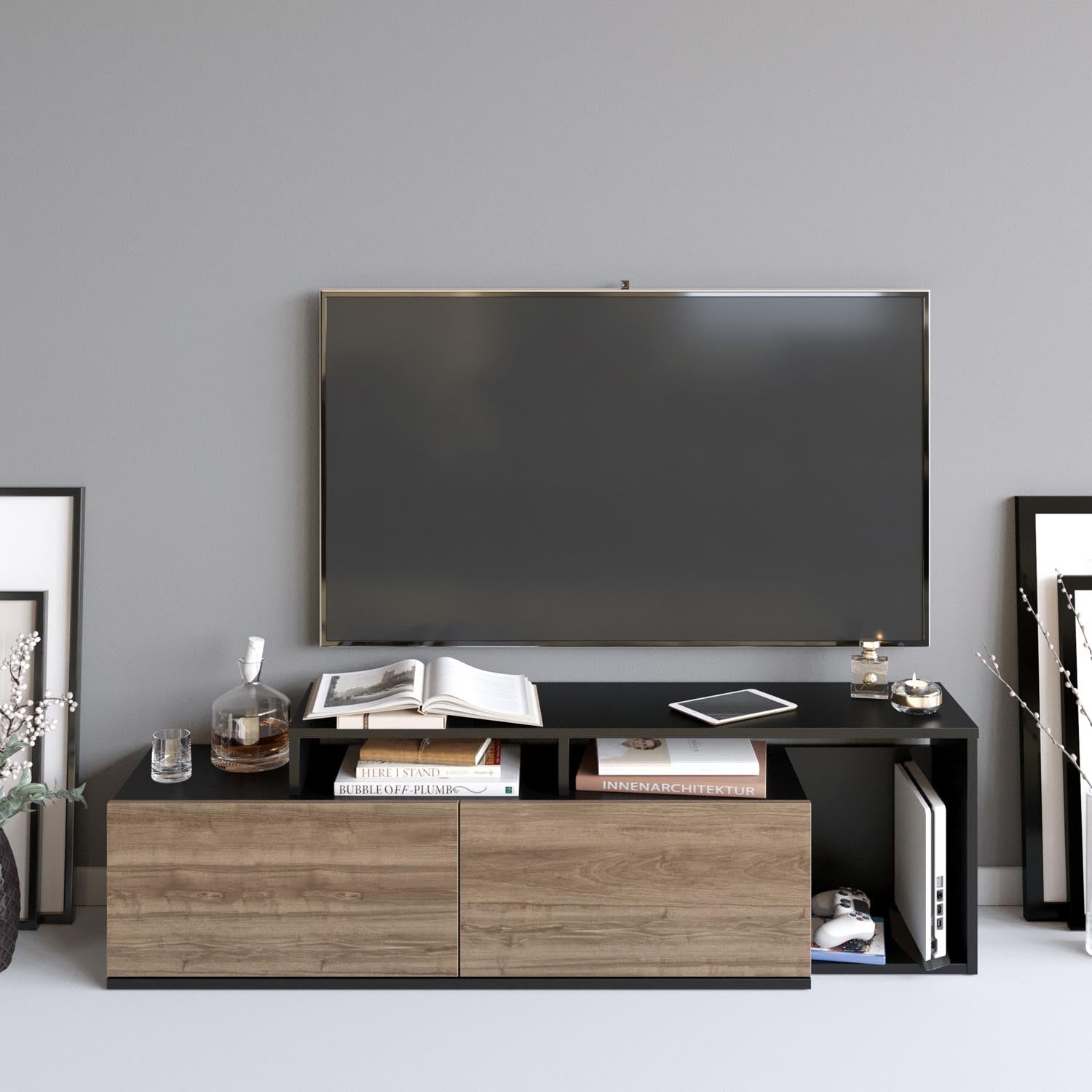 Verleihen Sie Ihrem Wohnraum mit dem eleganten Nexera Sideboard in Schwarznuss von Hanah Home einen modernen Akzent. Ideal für stilvollen Stauraum!