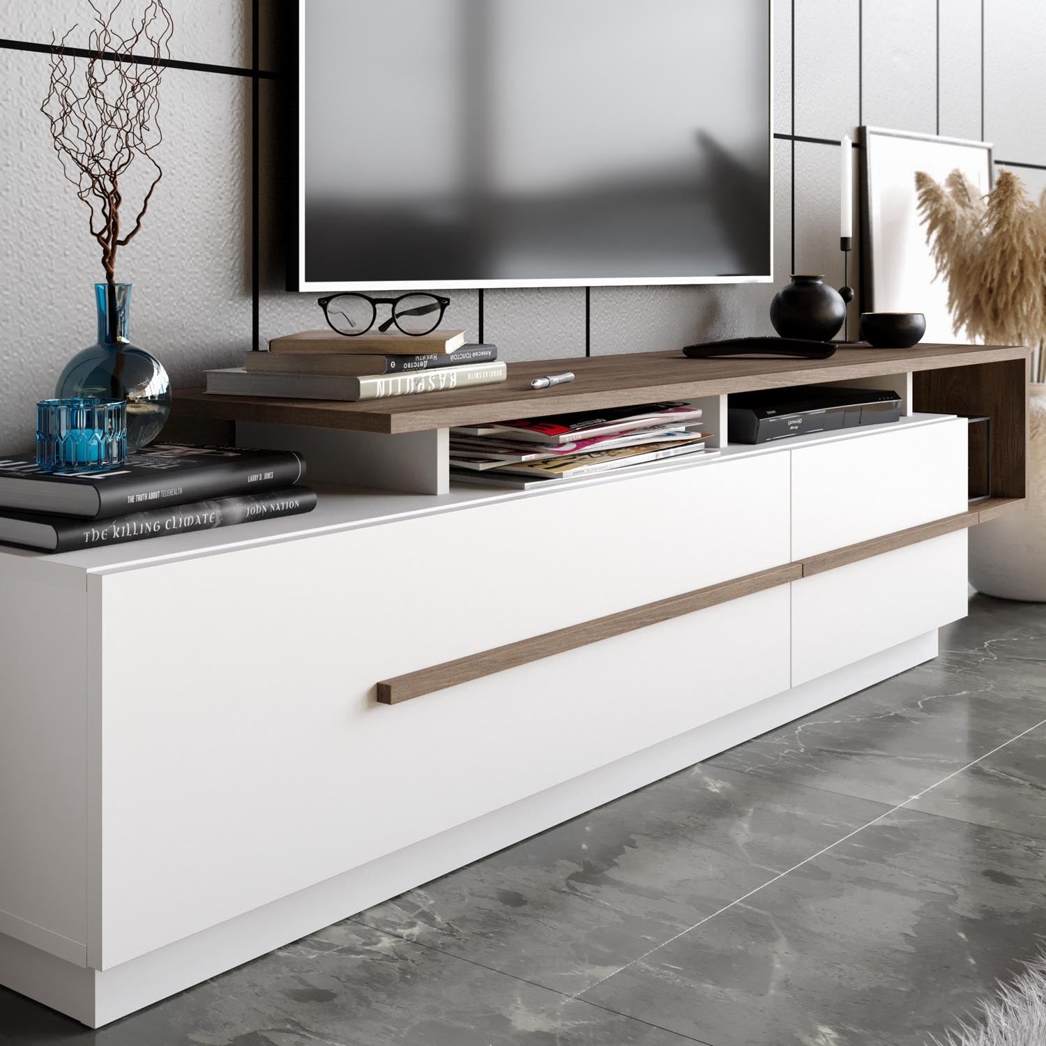 Gestalten Sie Ihr Zuhause mit dem stilvollen Pia Sideboard in Walnuss und Weiß von Hanah Home. Perfekt für eleganten Stauraum und modernes Design.