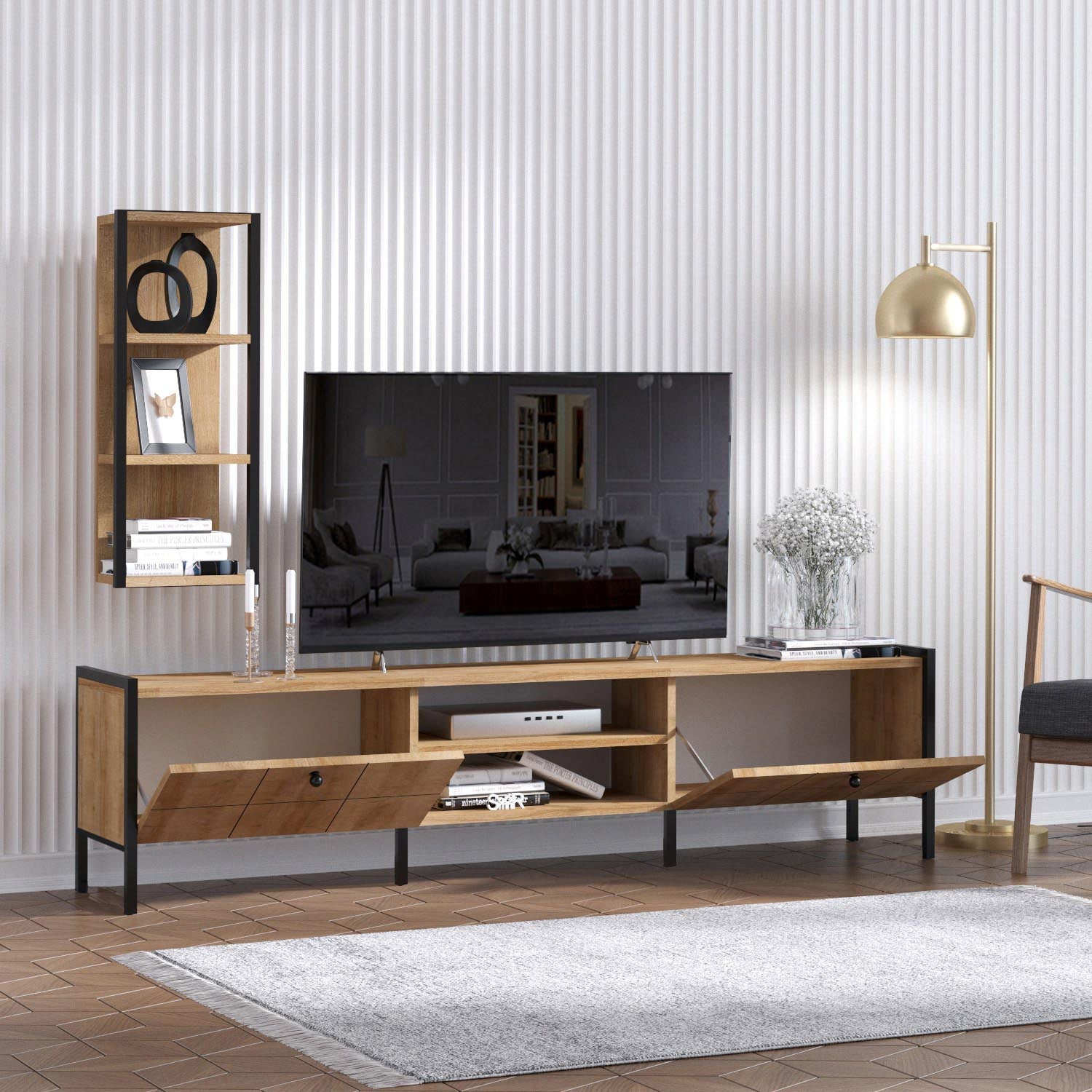 Verleihen Sie Ihrem Wohnzimmer mit dem Paola TV-Möbel in Eiche Schwarz von Hanah Home einen Hauch von Eleganz und Stil. Ideal für Ordnung und Design.