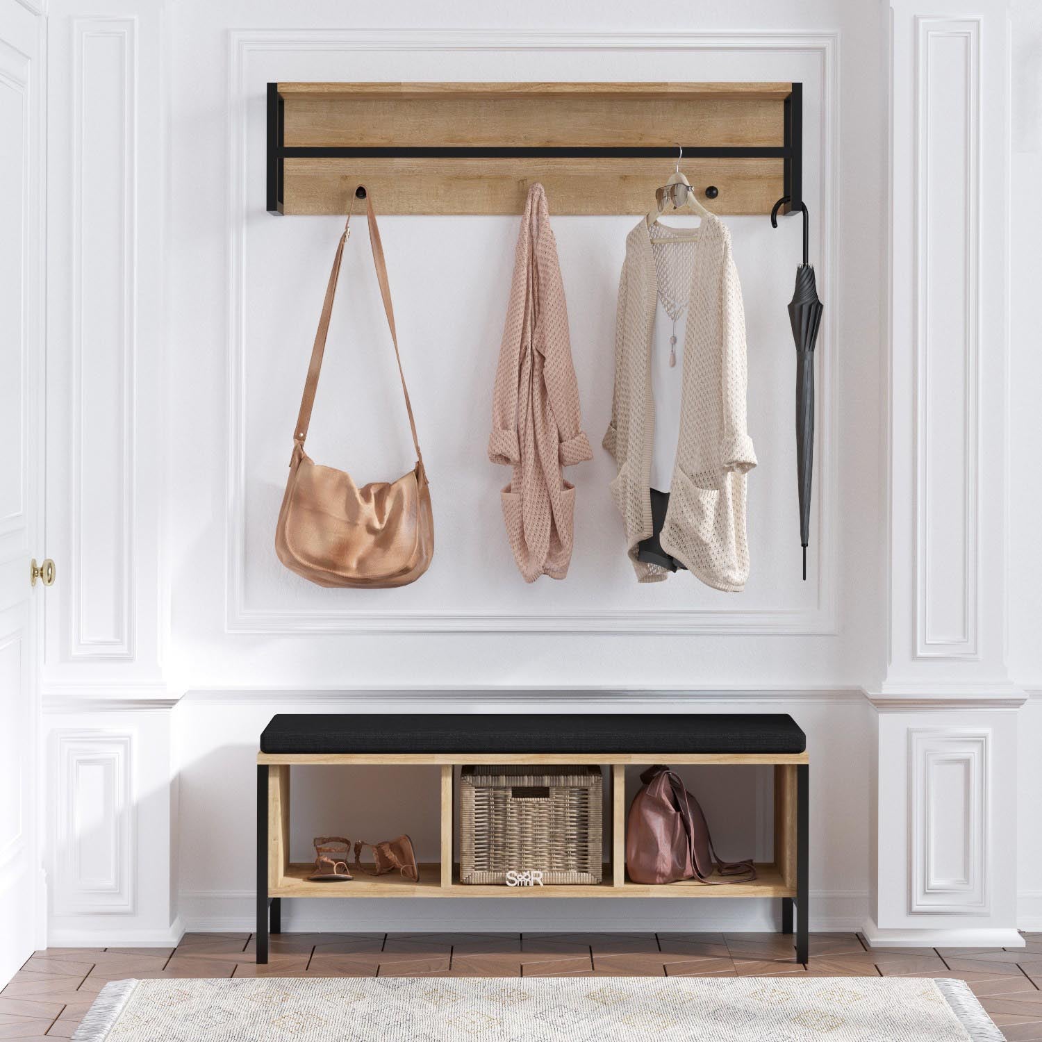 Entdecken Sie die Shana Garderobe in Eiche Schwarz von Hanah Home – stilvoll, funktional und perfekt für einen organisierten Eingangsbereich.