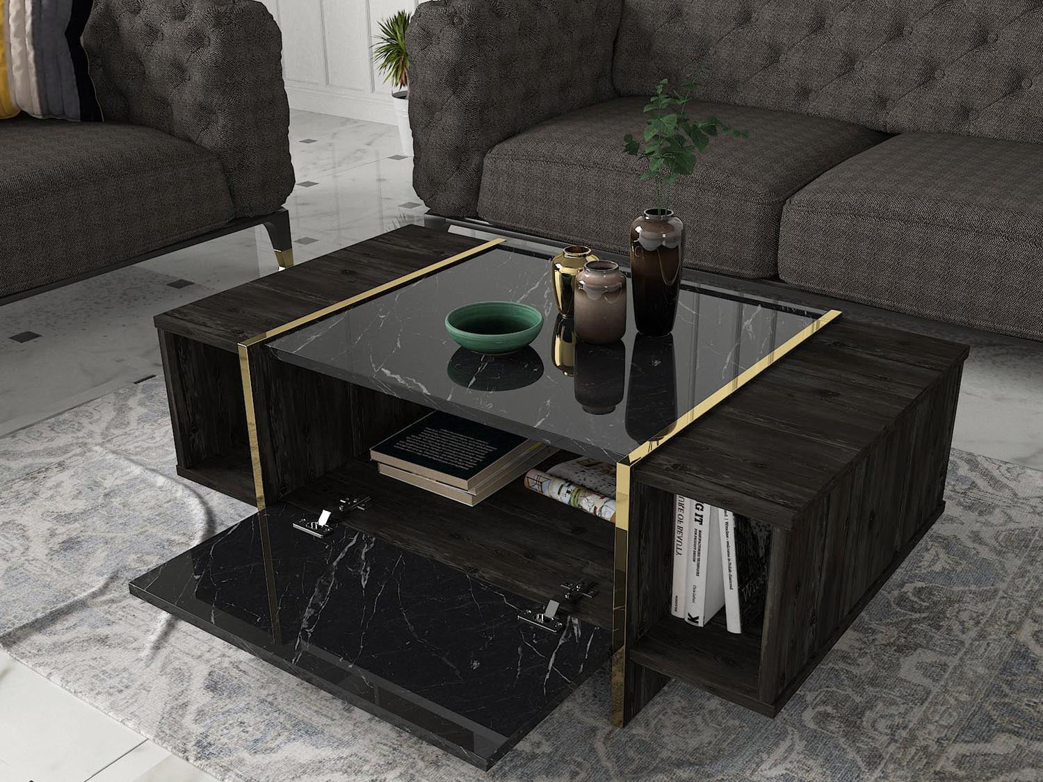 Verleihen Sie Ihrem Wohnzimmer mit dem Veyron TV-Möbel in Schwarz und Gold von Hanah Home einen Hauch von Luxus und Stil. Perfekte Kombination aus Eleganz und Funktionalität.