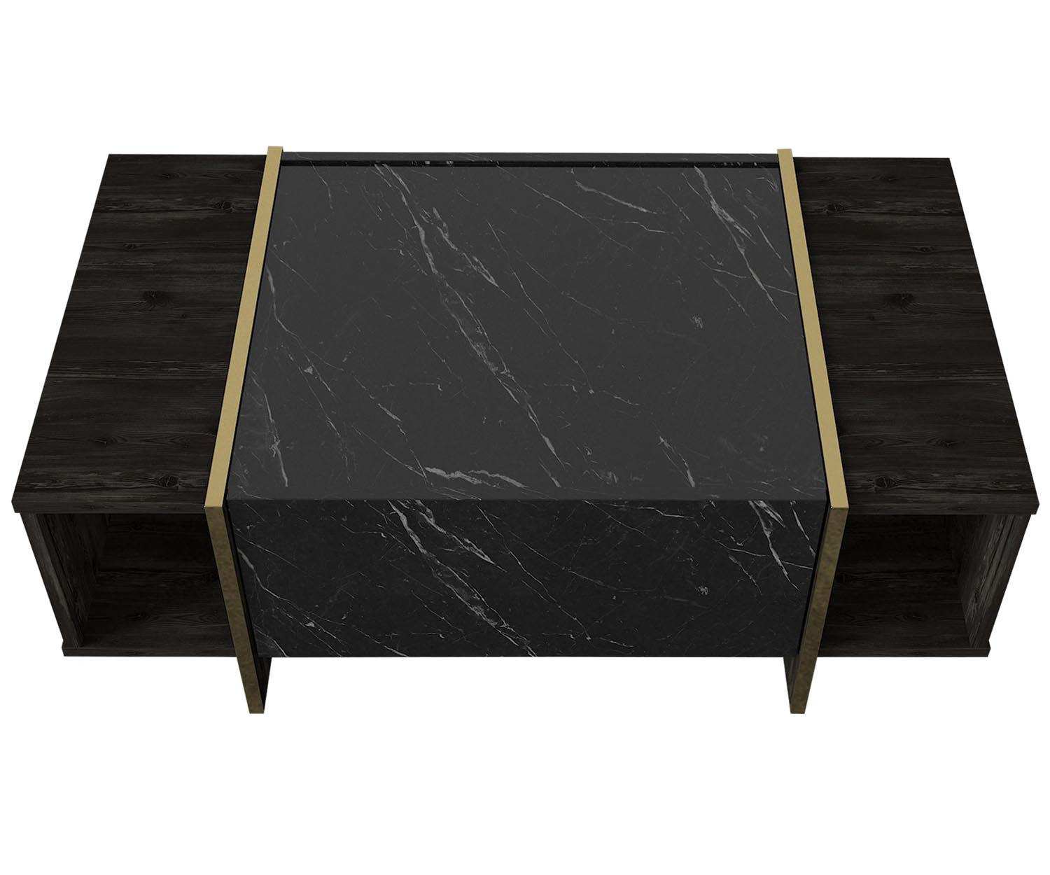 Entdecken Sie das Veyron TV-Möbel von Hanah Home in elegantem Schwarz und Gold. Stilvolles Design kombiniert mit cleverer Stauraumlösung für Ihr Wohnzimmer.