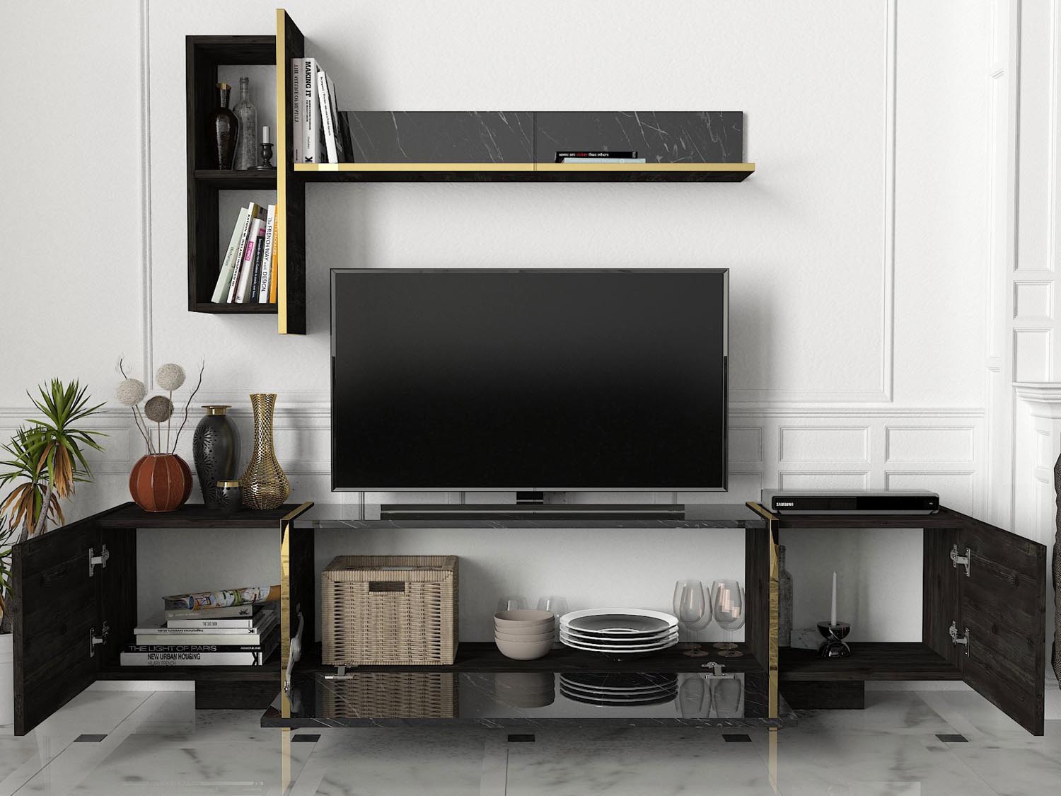 Entdecken Sie das Veyron TV-Möbel in Schwarz und Gold von Hanah Home – ein elegantes Design, das Stil und Funktionalität vereint und Ihr Wohnzimmer aufwertet.