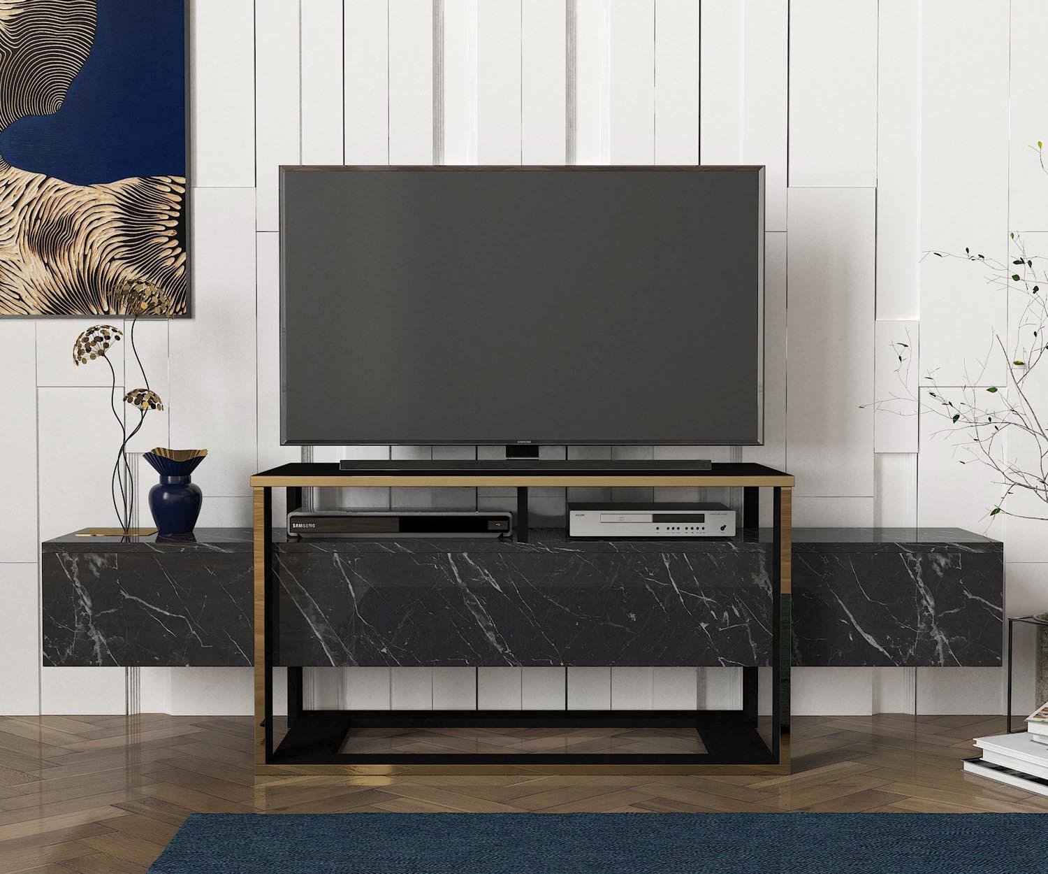 Verleihen Sie Ihrem Wohnraum mit dem Bianco Sideboard in Schwarz Gold von Hanah Home einen Hauch von Eleganz. Stilvolles Design trifft auf praktische Stauraumlösungen.
