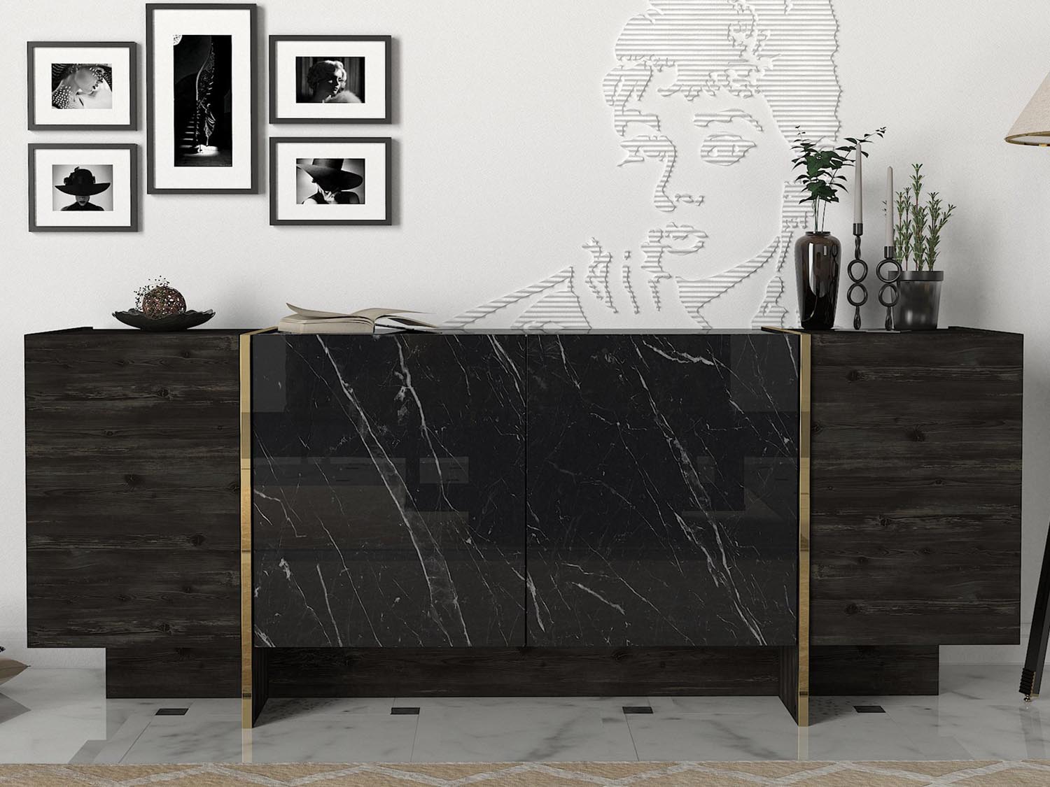 Verleihen Sie Ihrem Wohnzimmer mit dem Veyron TV-Möbel in Schwarz und Gold von Hanah Home einen Hauch von Luxus. Elegantes Design trifft auf praktische Funktionalität.
