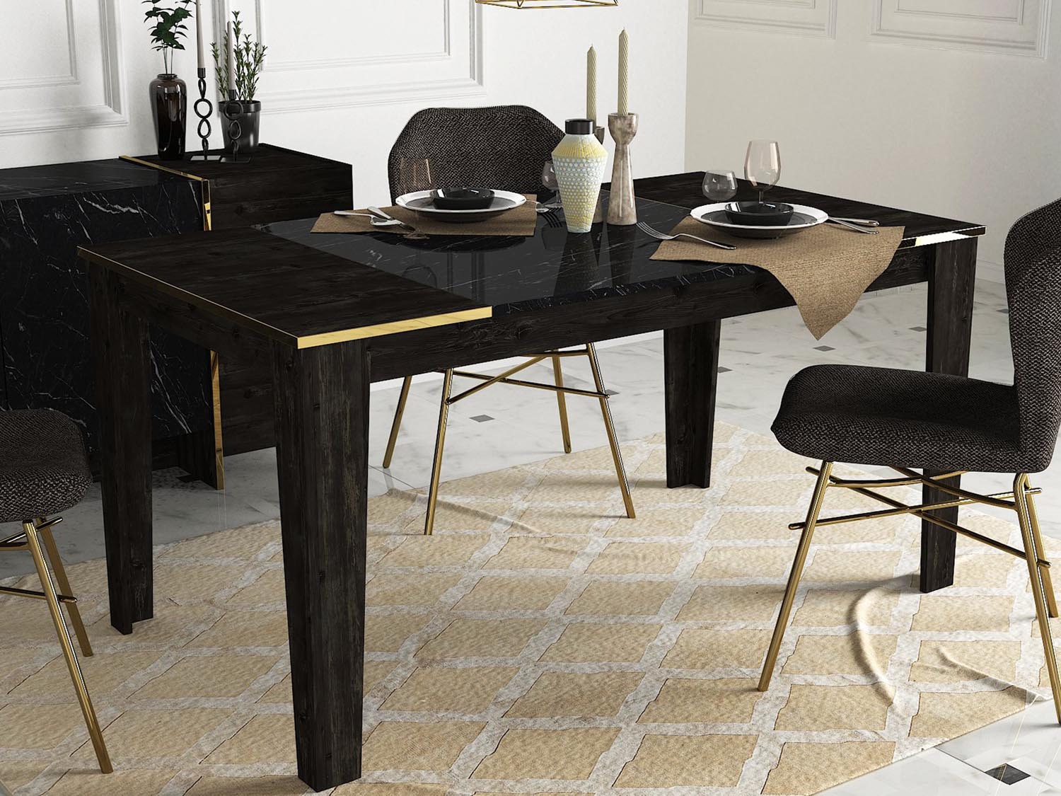 Entdecken Sie den Veyron Esstisch in Schwarz Gold von Hanah Home – ein stilvolles Möbelstück, das Eleganz und Funktionalität vereint.