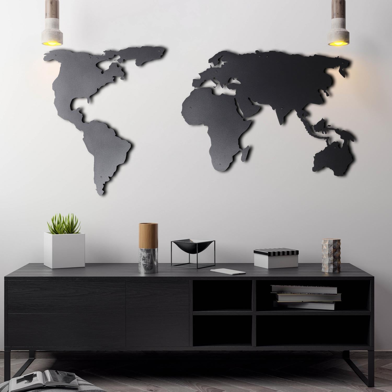 Verleihen Sie Ihrem Zuhause mit der World Map Silhouette von Wallity einen Hauch von Eleganz. Diese beeindruckende schwarze Wanddeko aus Metall ist ein zeitloses Kunstwerk, das jeden Raum aufwertet.