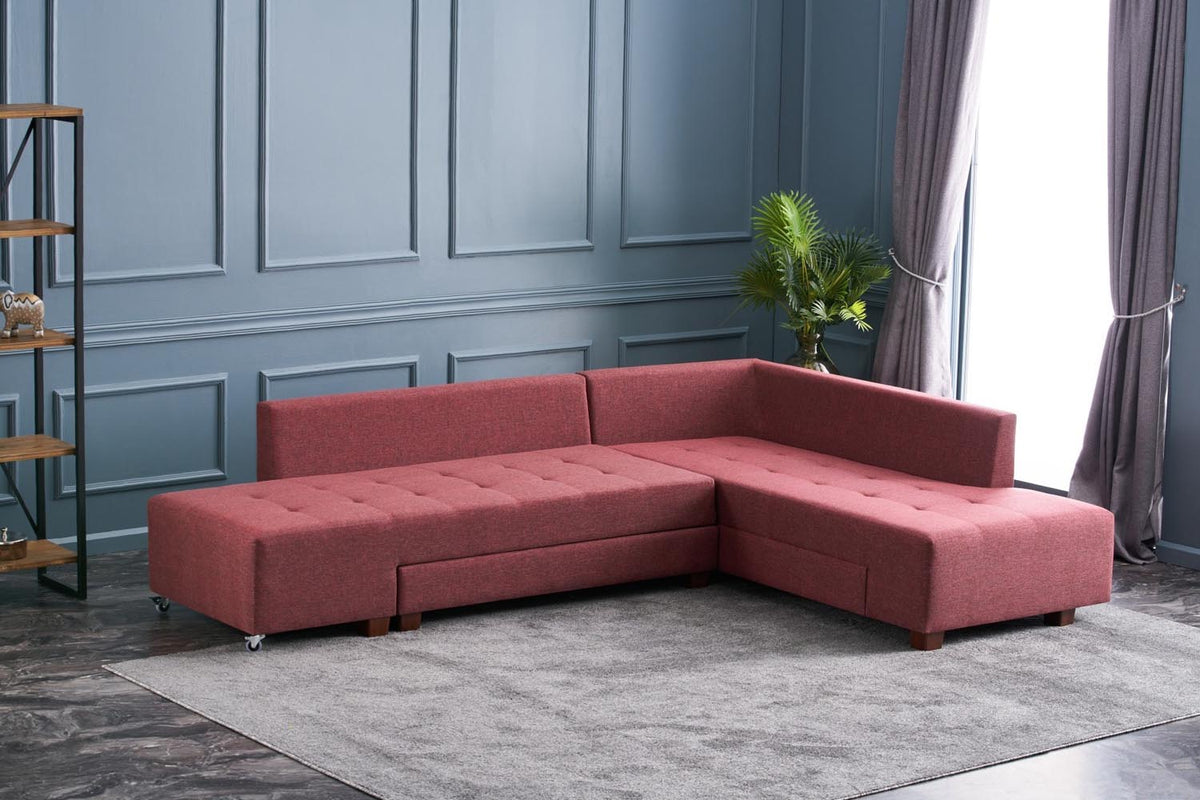 Manama Corner Sofa Bed Right Bettsofa - Karmesinrot in Karmesinrot präsentiert im Onlineshop von KAQTU Design AG. Bettsofa rechts ist von Atelier Del Sofa