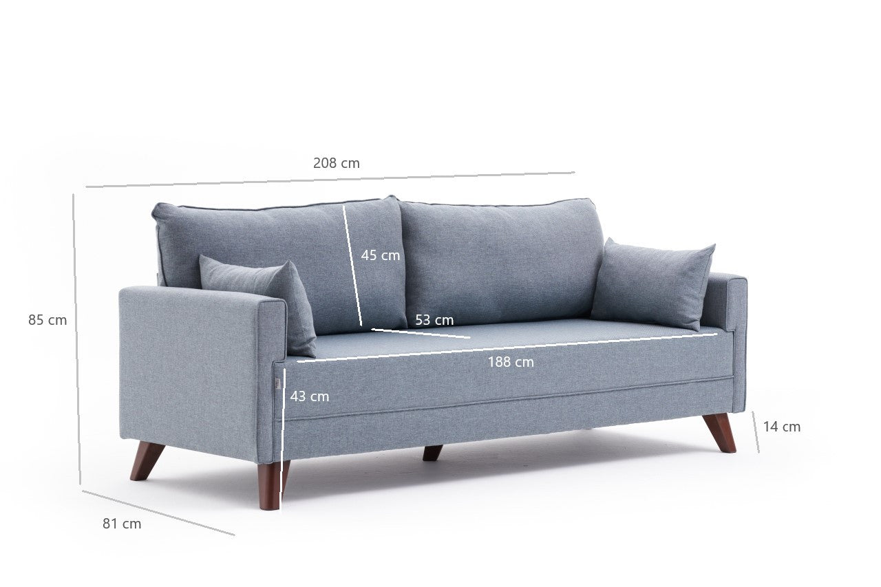Erleben Sie das Bella Soft Yataklı Üçlü Koltuk Bettsofa in stilvollem Blau – ein komfortables 3-Sitzer Schlafsofa, das Eleganz und Funktionalität vereint.