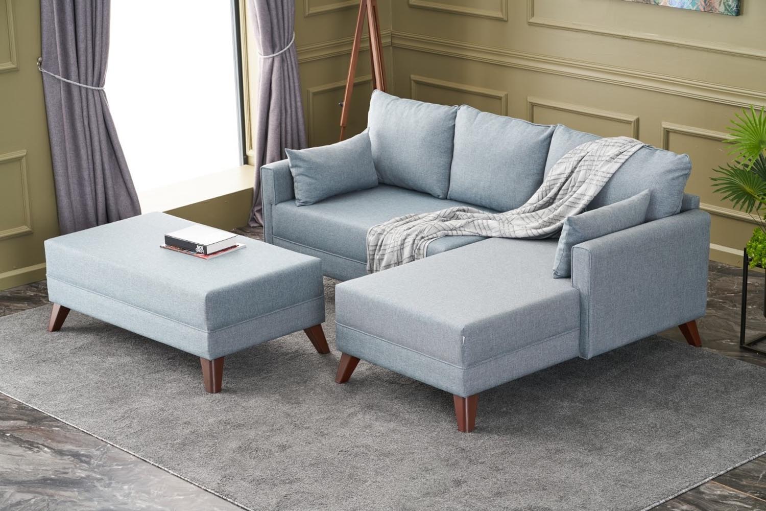 Verleihen Sie Ihrem Wohnraum mit dem blauen Ecksofa-Bett Bella Soft Mini Köşe Right von Atelier Del Sofa einen Hauch von Eleganz und Komfort.