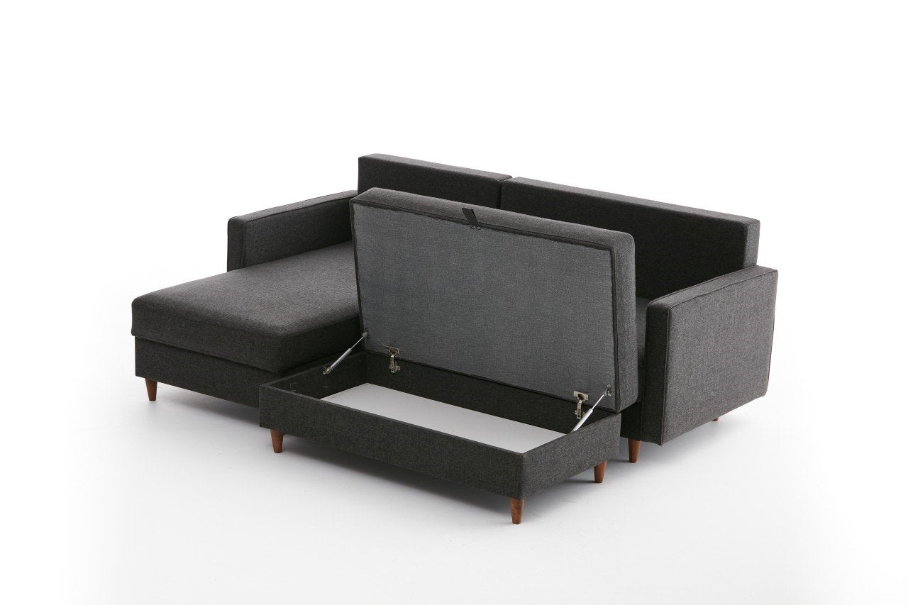 Gestalten Sie Ihr Zuhause mit dem eleganten Eva Left Ecksofa in Anthrazit – ein stilvolles Möbelstück für Komfort und modernes Design.