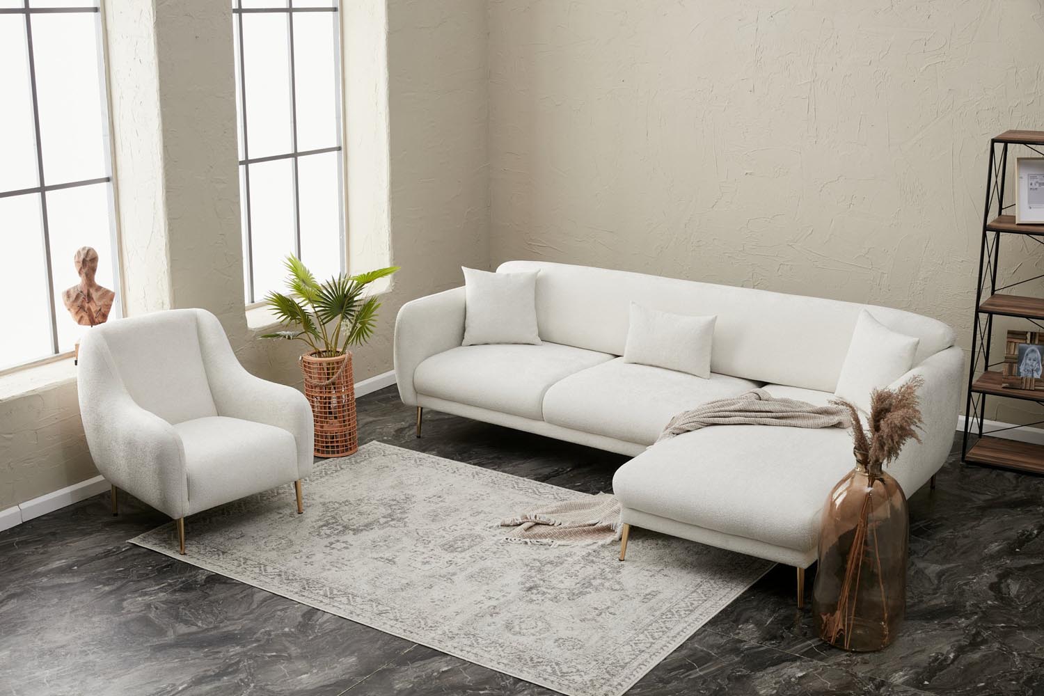 Erleben Sie das luxuriöse Simena Right Bettsofa in Creme und Gold von Atelier Del Sofa – die perfekte Kombination aus Eleganz und Bequemlichkeit für Ihr Zuhause!