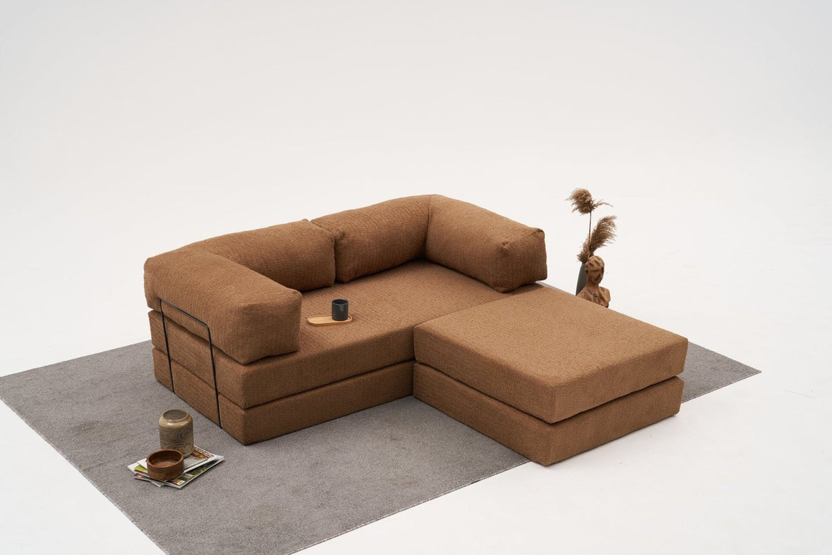 Comfort Mini-Ecksofa von Atelier Del Sofa in Braun, Ecksofa mit Chenille-Bezug, kompakte Form, ausgeklappt als Bettfunktion sichtbar