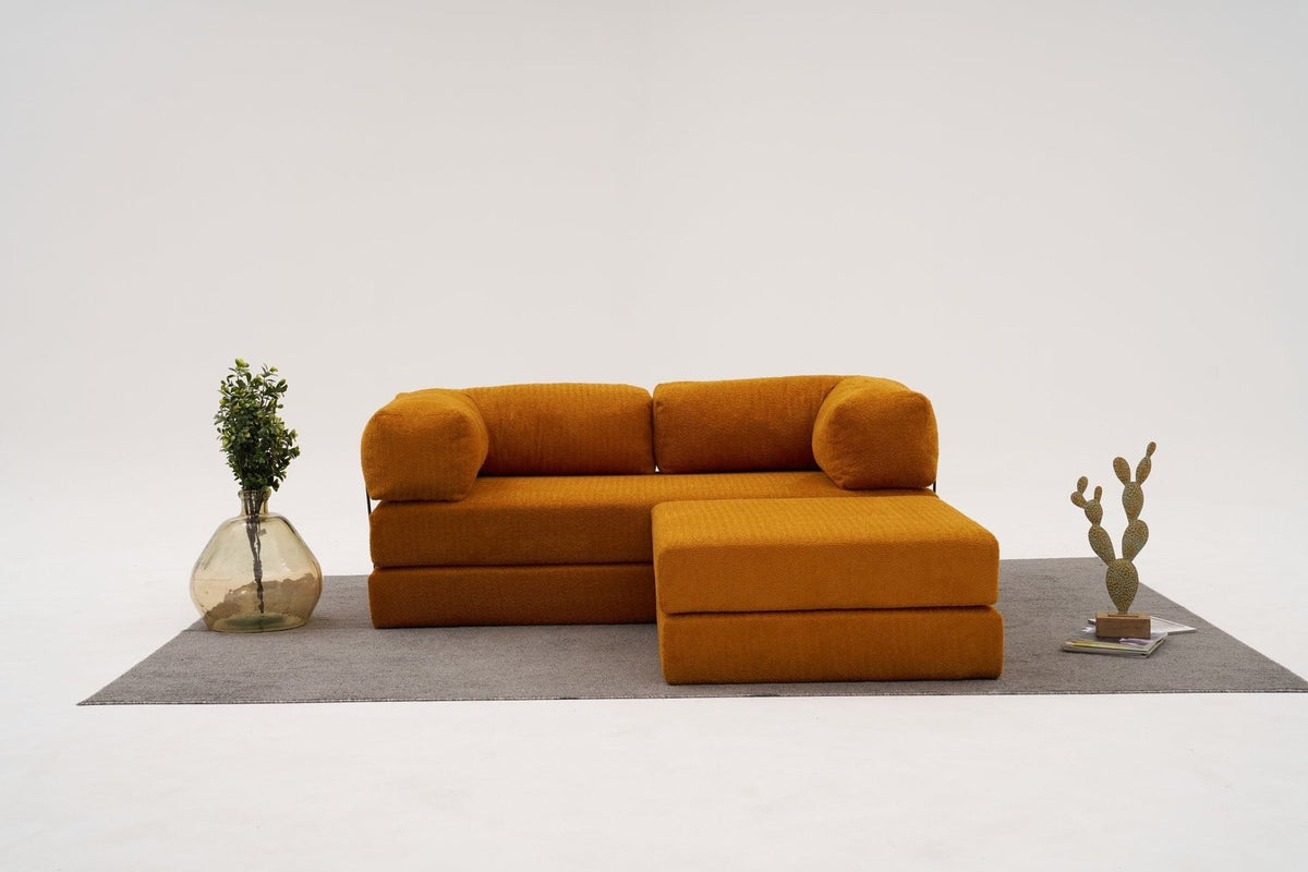 Comfort Mini-Ecksofa von Atelier Del Sofa in Orange, Ecksofa mit Chenille-Bezug, kompakte Form, Sitzfläche und Rückenlehne sichtbar