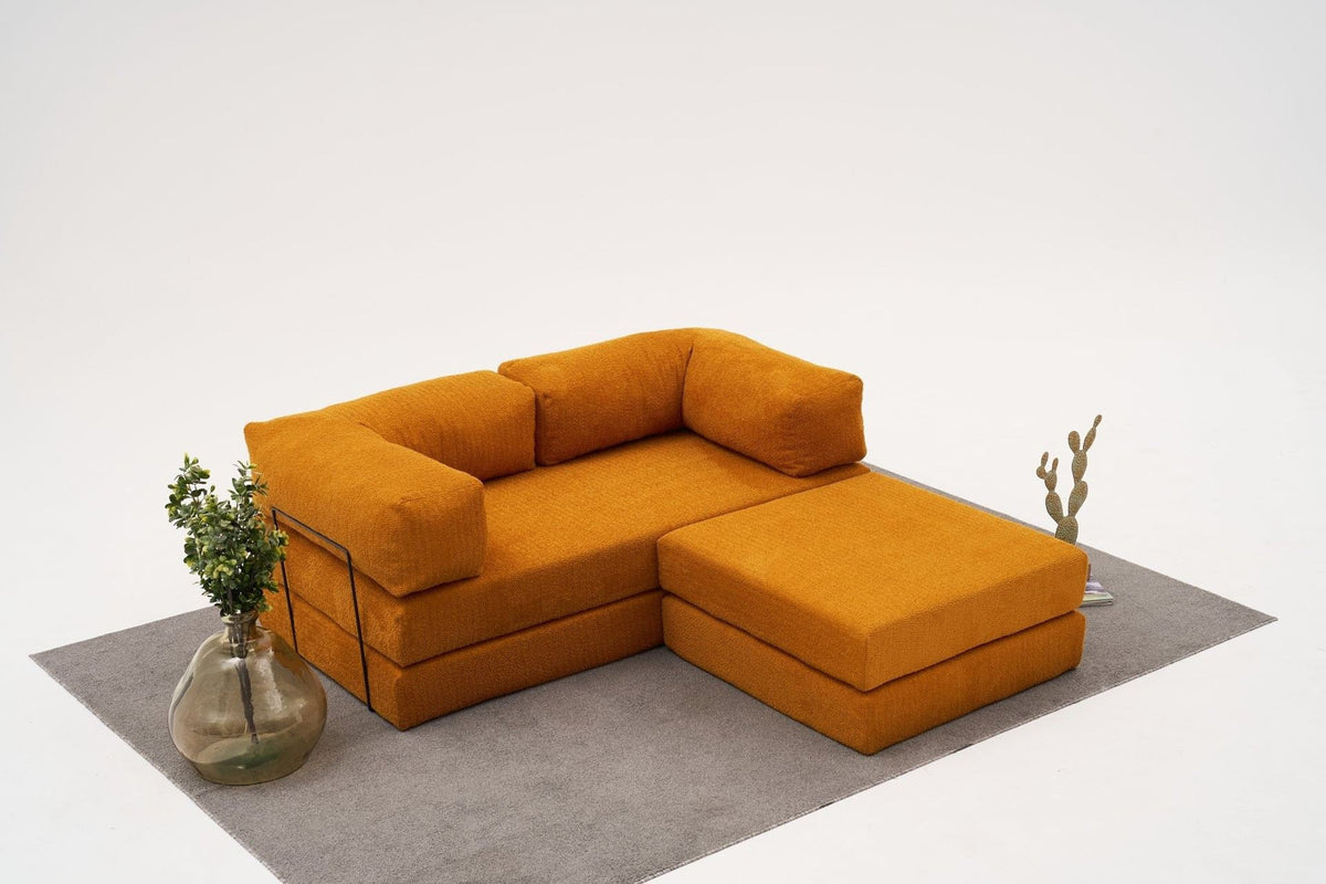 Comfort Mini-Ecksofa von Atelier Del Sofa in Orange, Ecksofa mit Chenille-Bezug, kompakte Form, Sitzfläche und Rückenlehne sichtbar