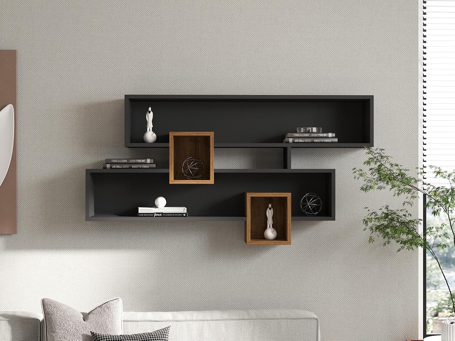 Entdecken Sie das elegante Karen Wandregal in Walnuss und Anthrazit von Hanah Home. Stilvoll, funktional und ideal für jeden Raum!