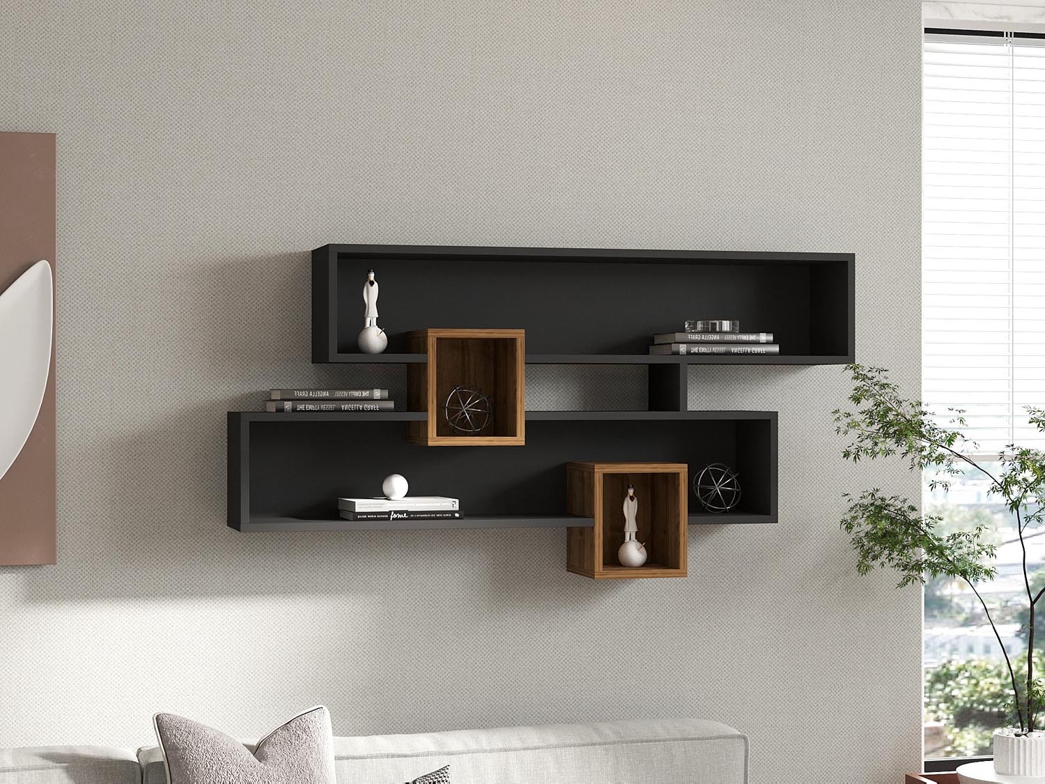 Verleihen Sie Ihrem Zuhause mit dem Karen Wandregal in Walnuss und Anthrazit von Hanah Home einen Hauch von Eleganz und Funktionalität. Ideal für stilvolle Organisation!