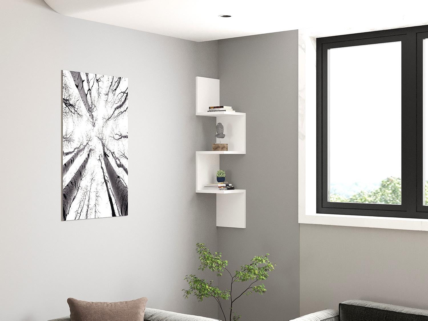 Erleben Sie das Zikzak Wandregal in Weiß von Hanah Home – minimalistisches skandinavisches Design für stilvolle Präsentation und optimalen Stauraum.